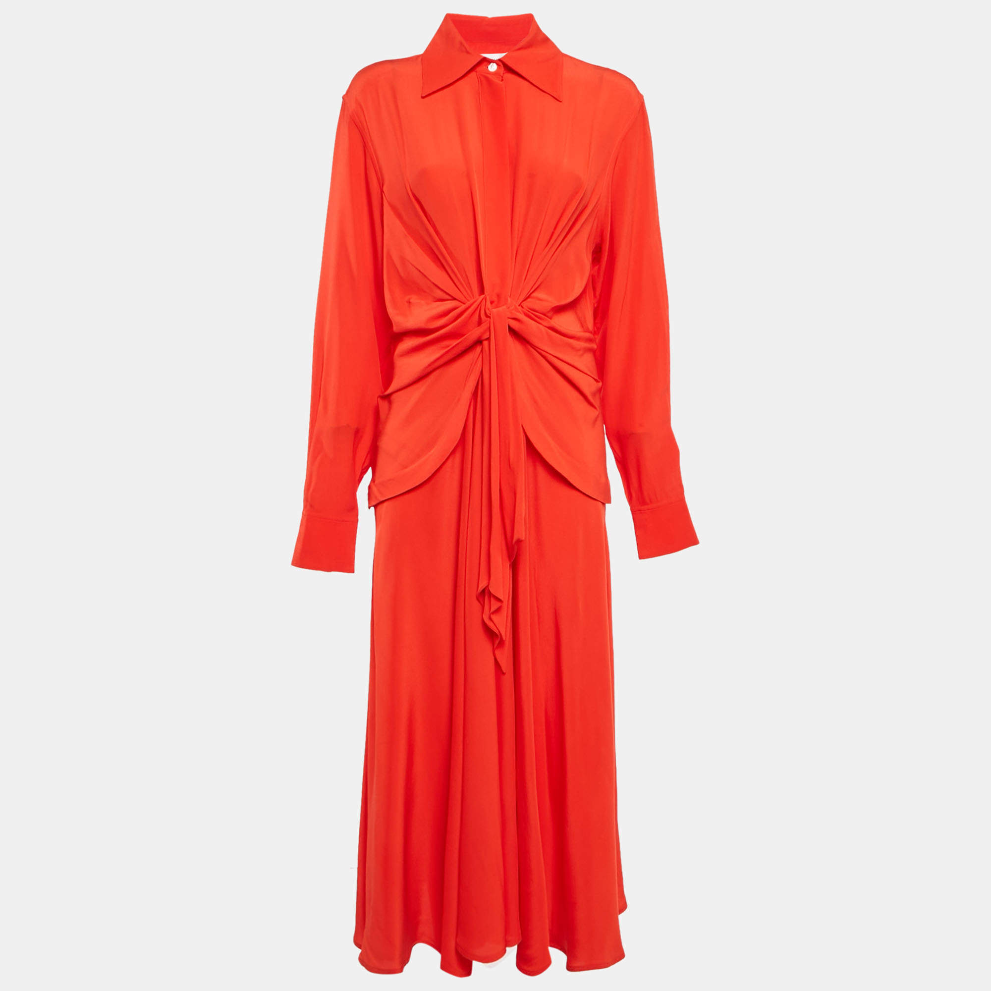 مملوكة مسبقًا Victoria Beckham Red Silk Drape Style Midi Dress M