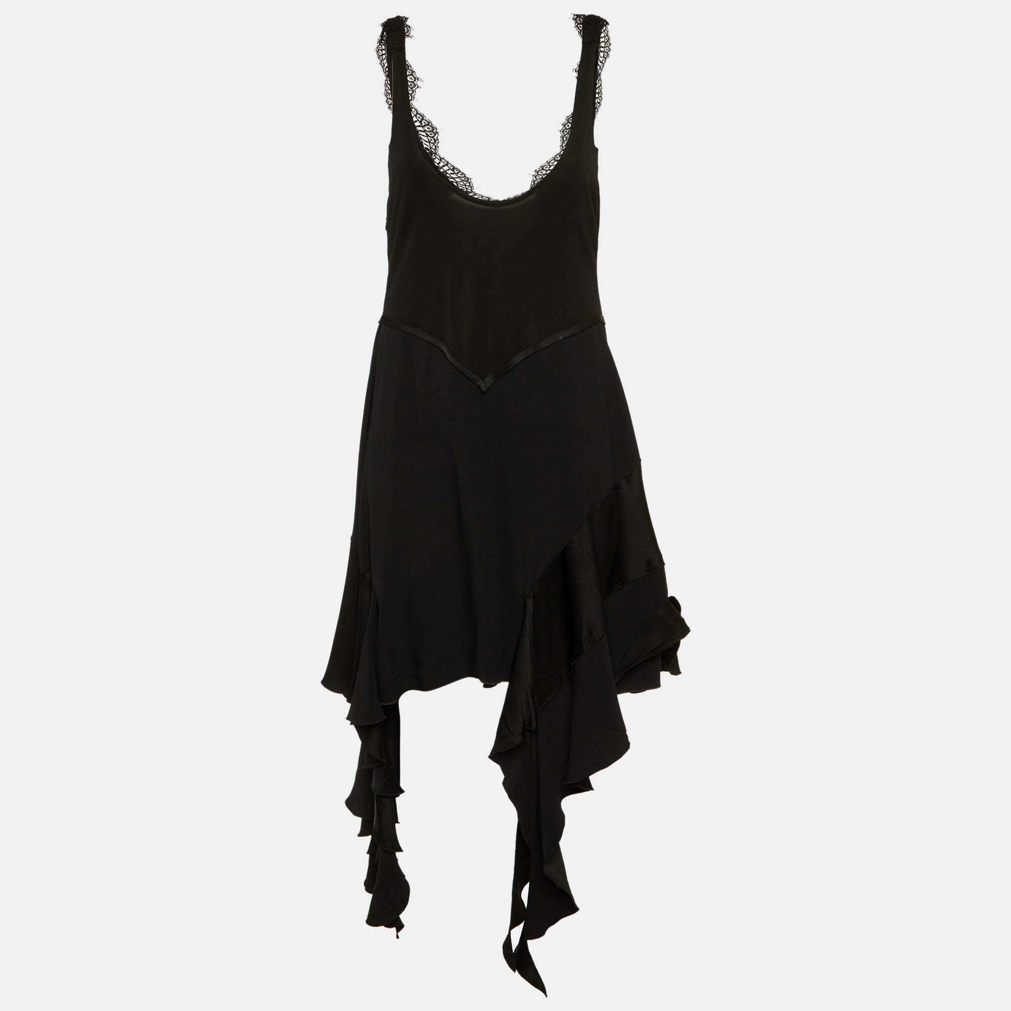 Victoria Beckham Black Lace Trim Sateen Dropped Ruffle Mini Dress L