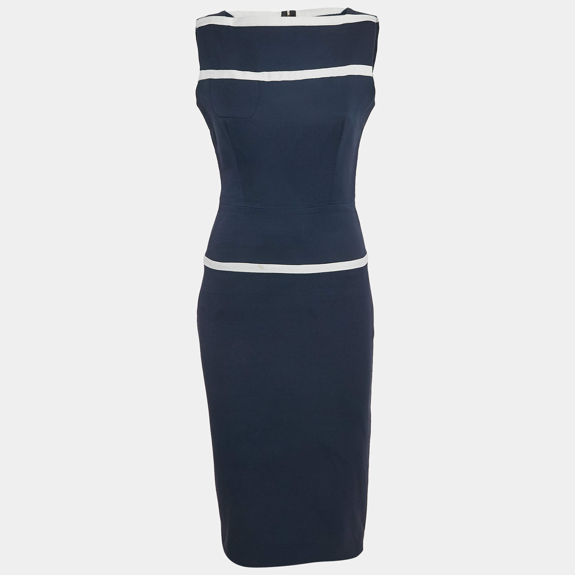 Victoria Beckham Navy Blue Basket Weave Cotton Midi Dress M
