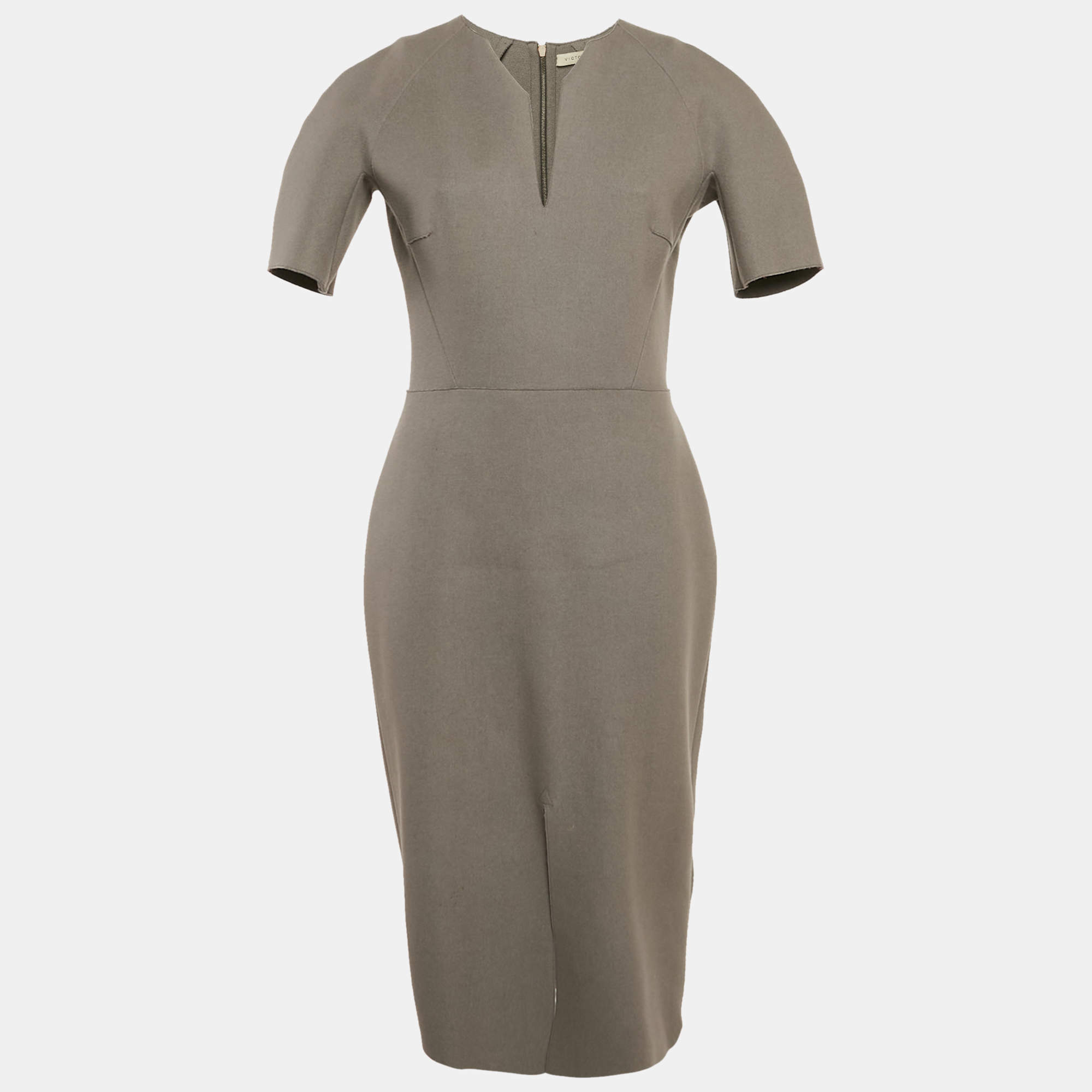 Victoria Beckham Grey Wool Shift Midi Dress L