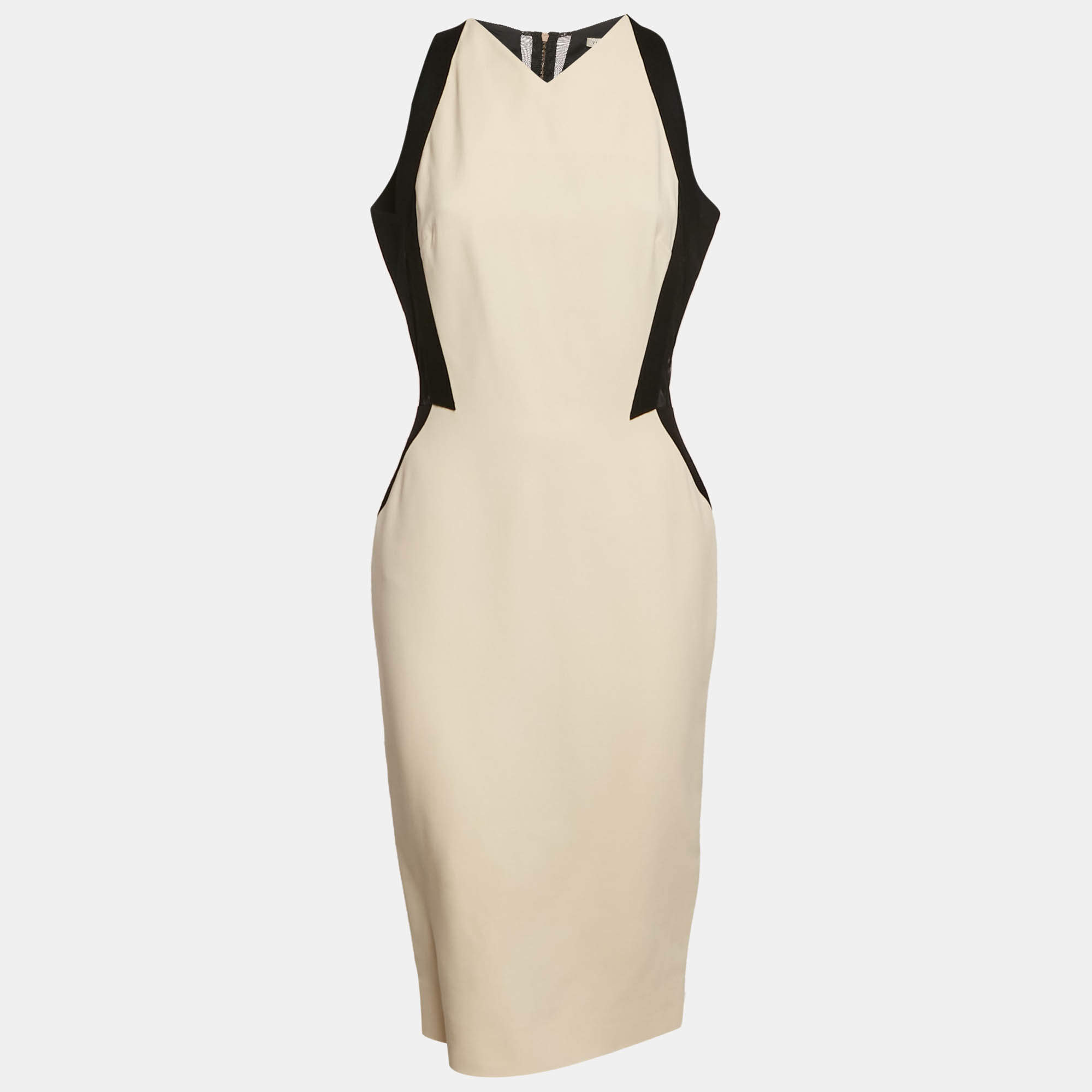 Pre Owned Victoria Beckham Cream and Black Silk and Wool Panel Detail Sleeveless Midi Dress M