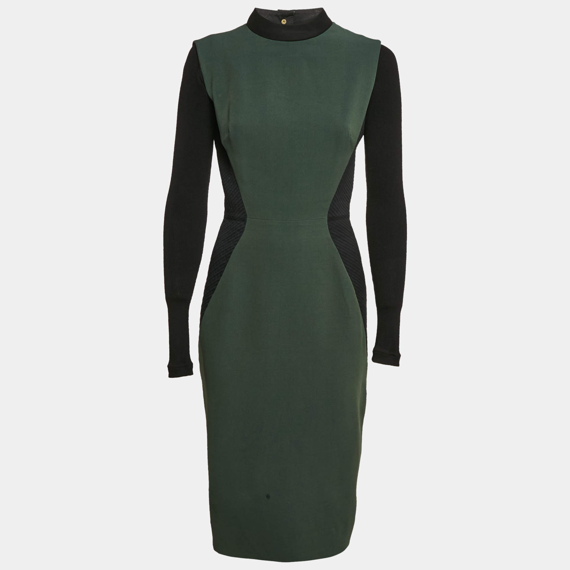 Victoria Beckham Green/Black Wool Blend Paneled Detail Bodycon Dress M