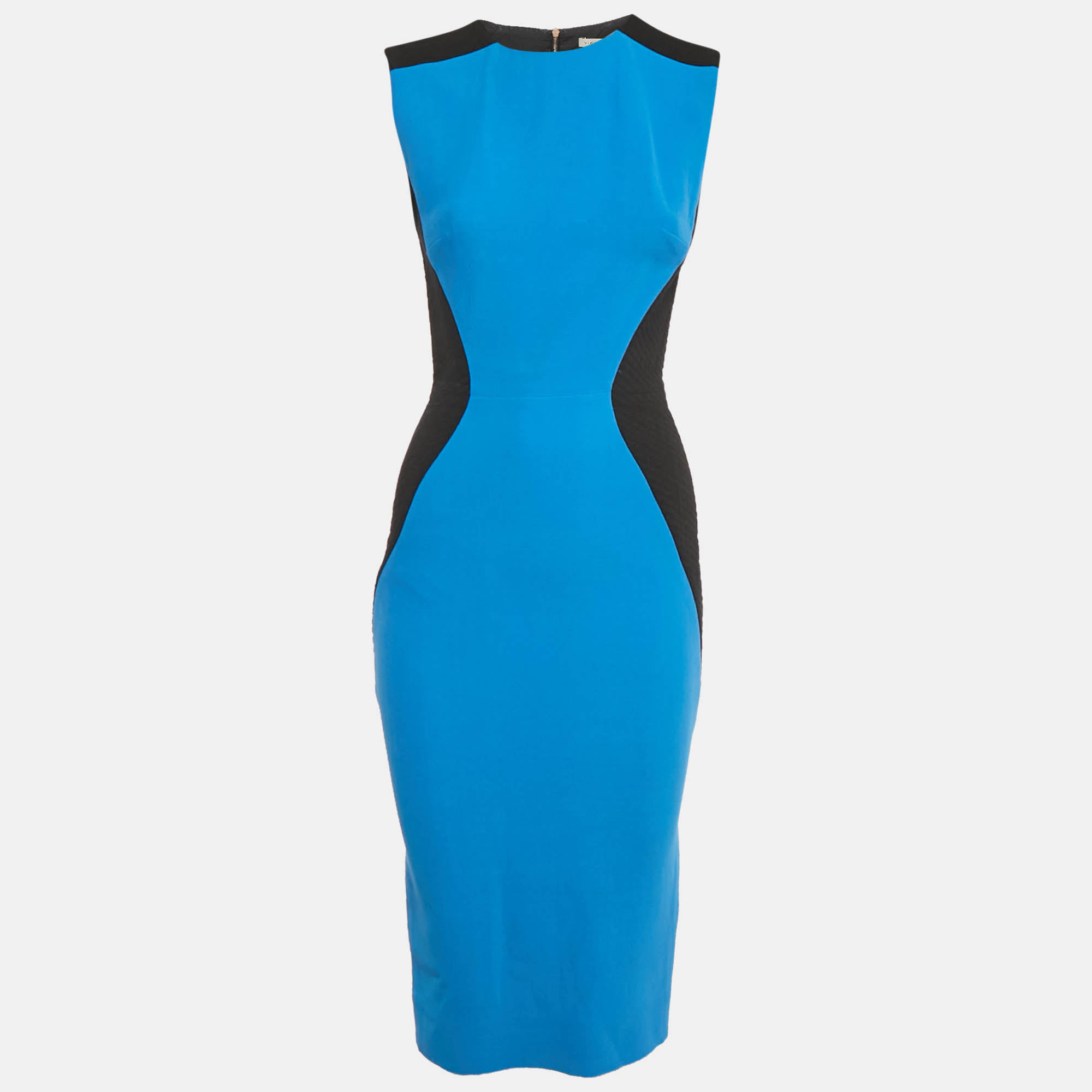 Pre Owned Victoria Beckham Blue Silk & Wool Contrast Detail Midi Dress M