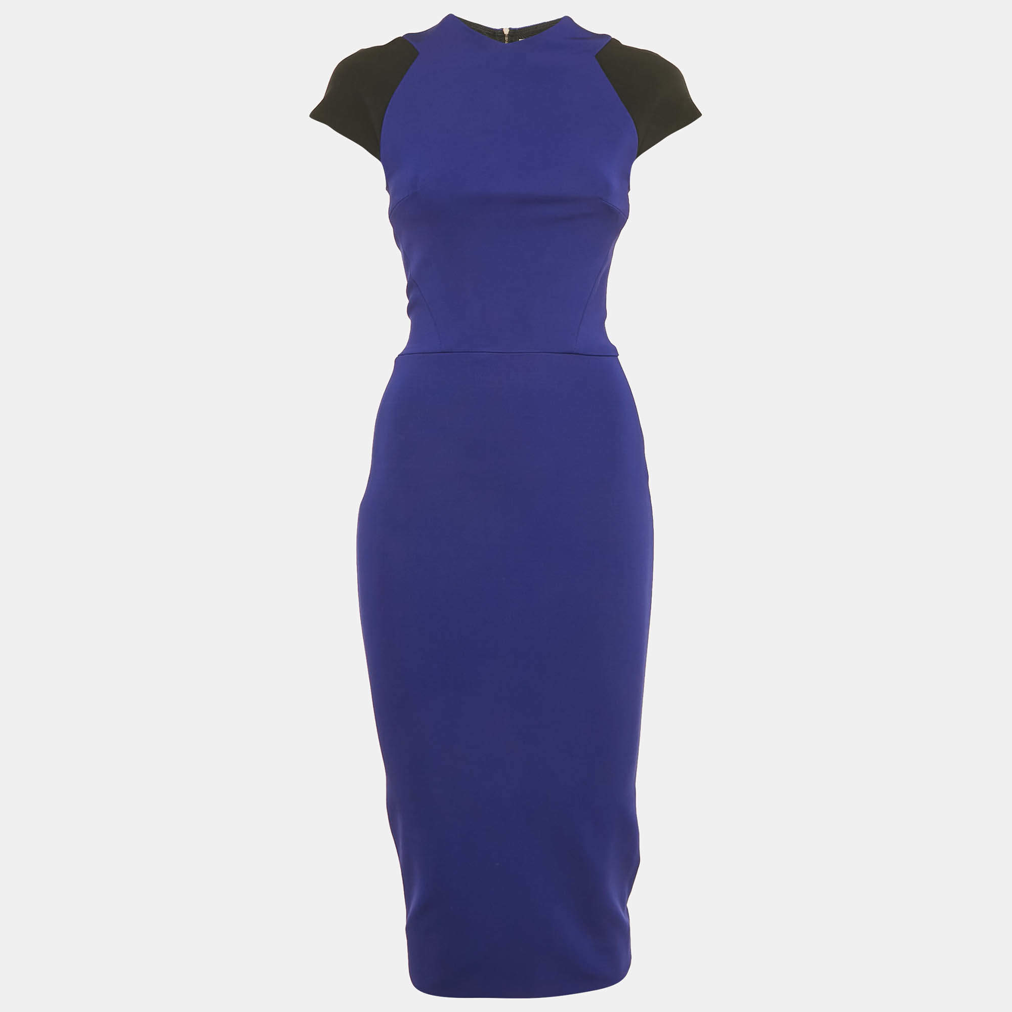 Pre Owned Victoria Beckham Navy Blue & Black Jersey Sheath Dress S