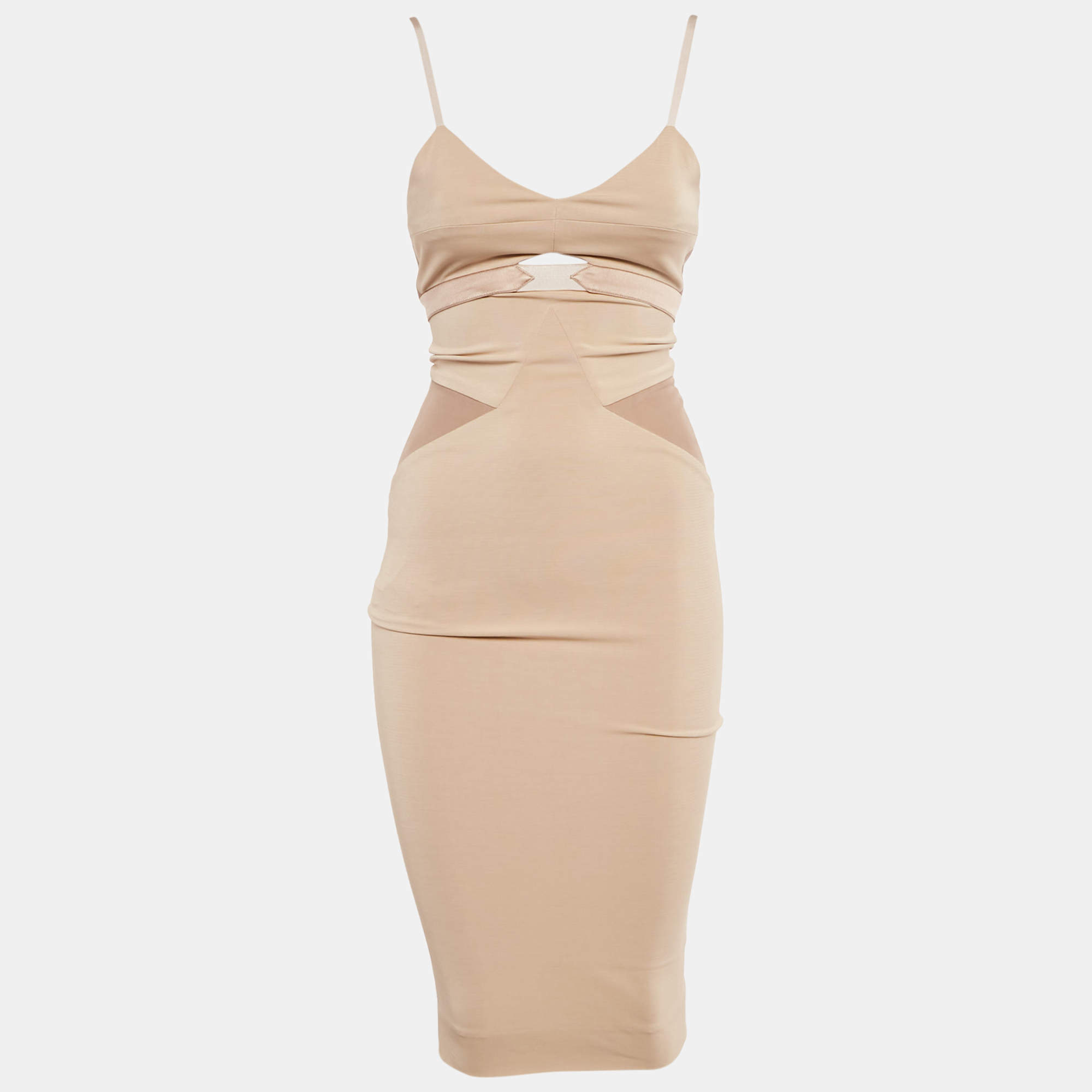 Pre Owned Victoria Beckham Beige Jersey and Satin Trim Cami Fitted Dress S