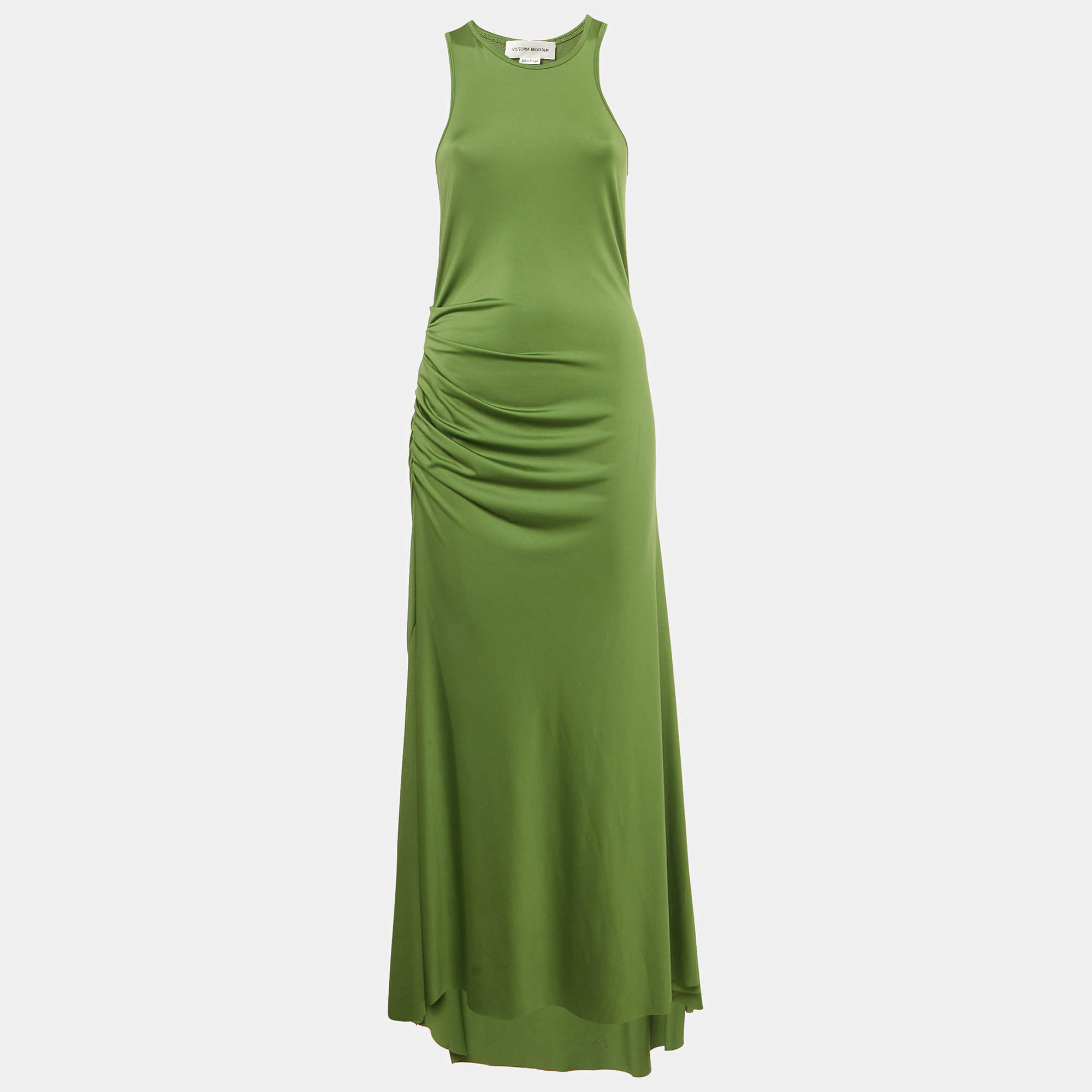 Pre Owned Victoria Beckham Green Jersey Ruched Maxi Dress M