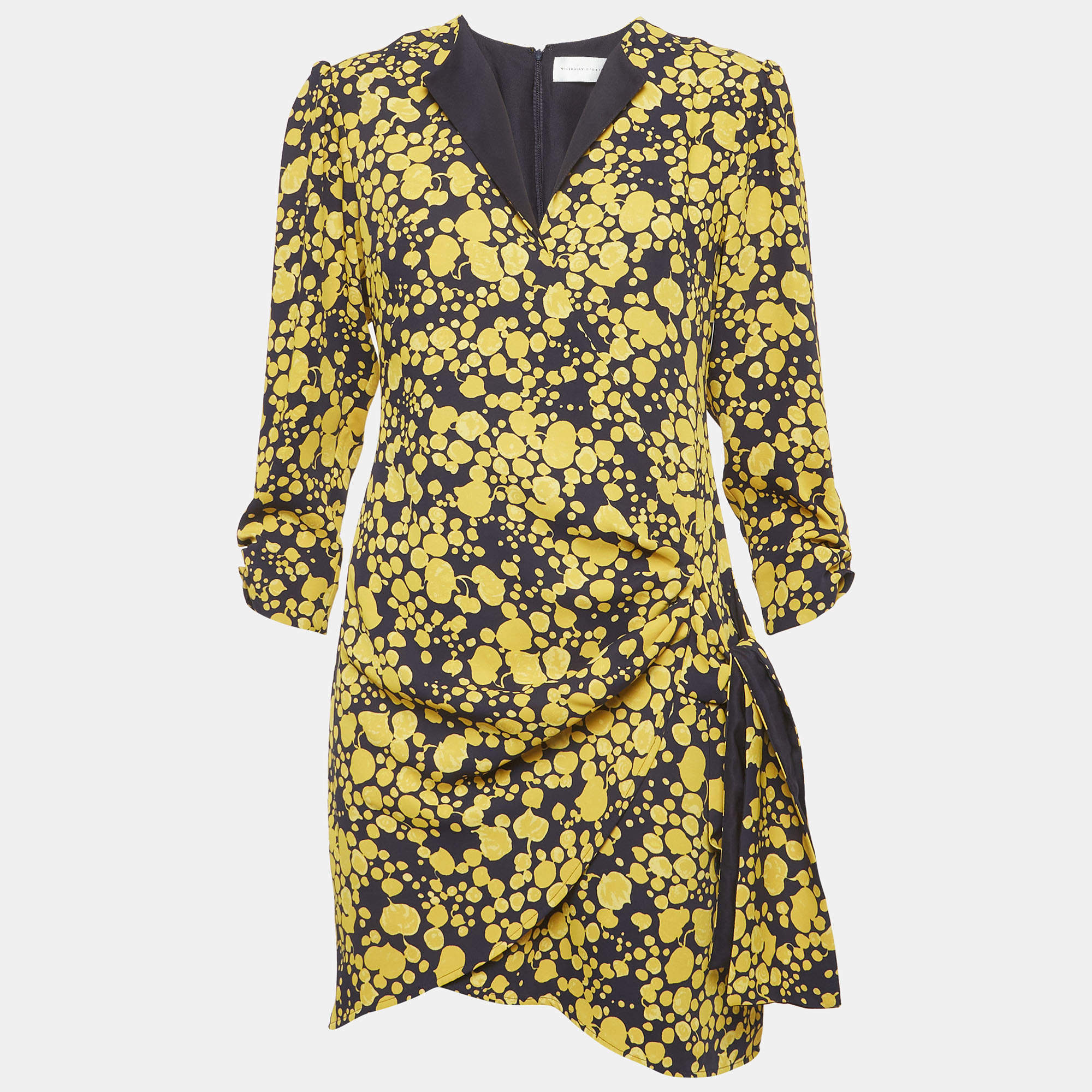 Pre Owned Victoria Beckham Black/Yellow Printed Crepe Wrap Mini Dress S