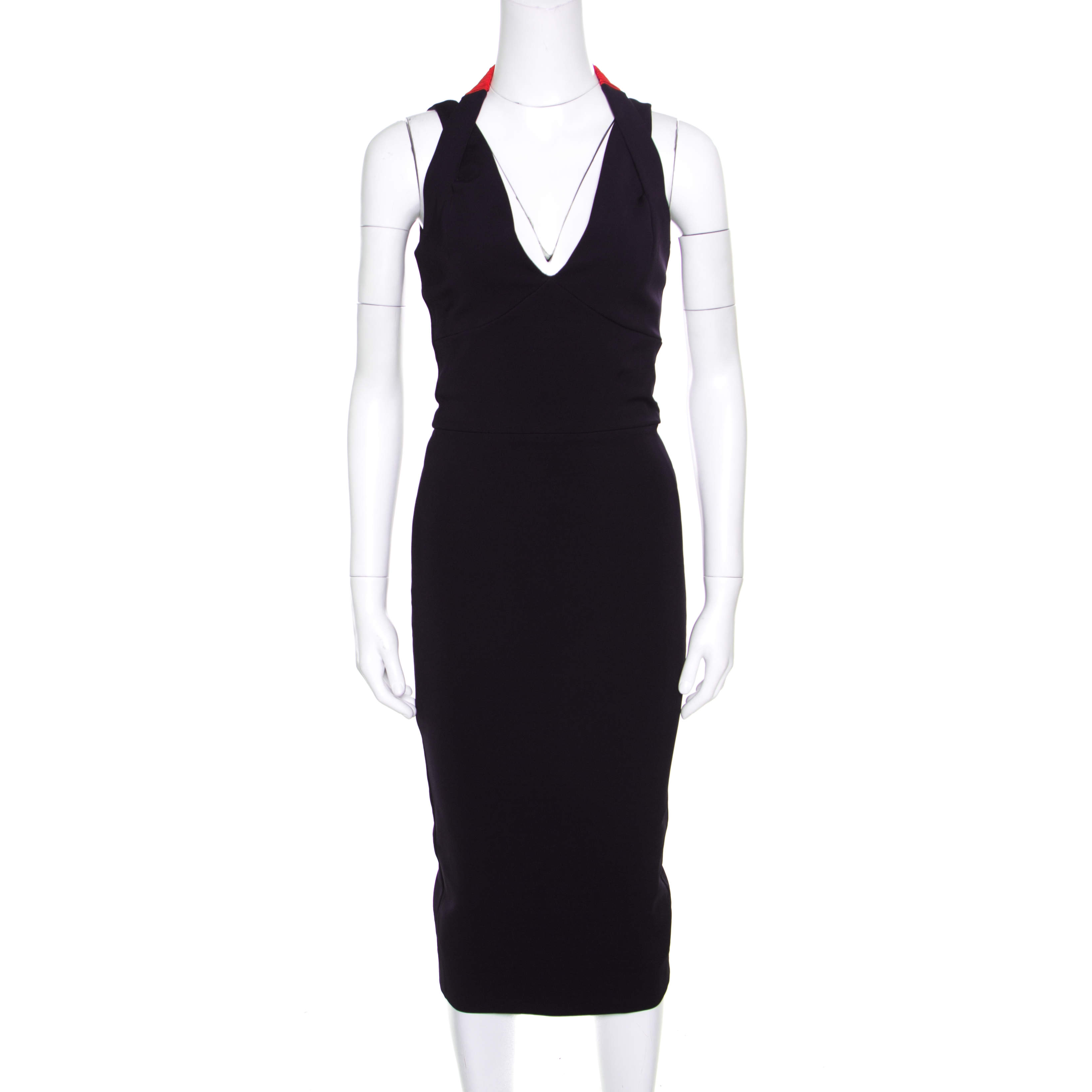 Pre Owned Victoria Beckham Navy Blue Contrast Trim Plunge Neck Halter Dress M