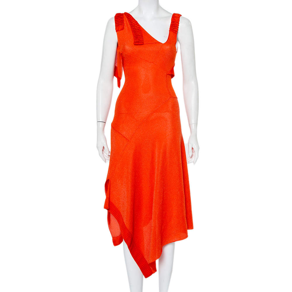 Pre Owned Victoria Beckham Orange Mesh Knit Ruffle Detail Asymmetric Hem Midi Dress S