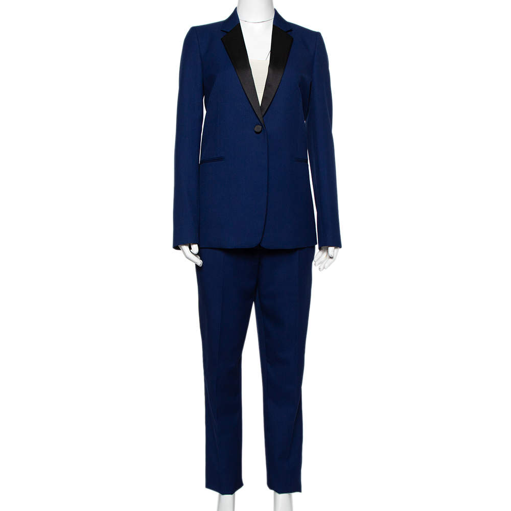 Pre Owned Victoria Beckham Navy Blue Striped Wool Contrast Trim Suit M 