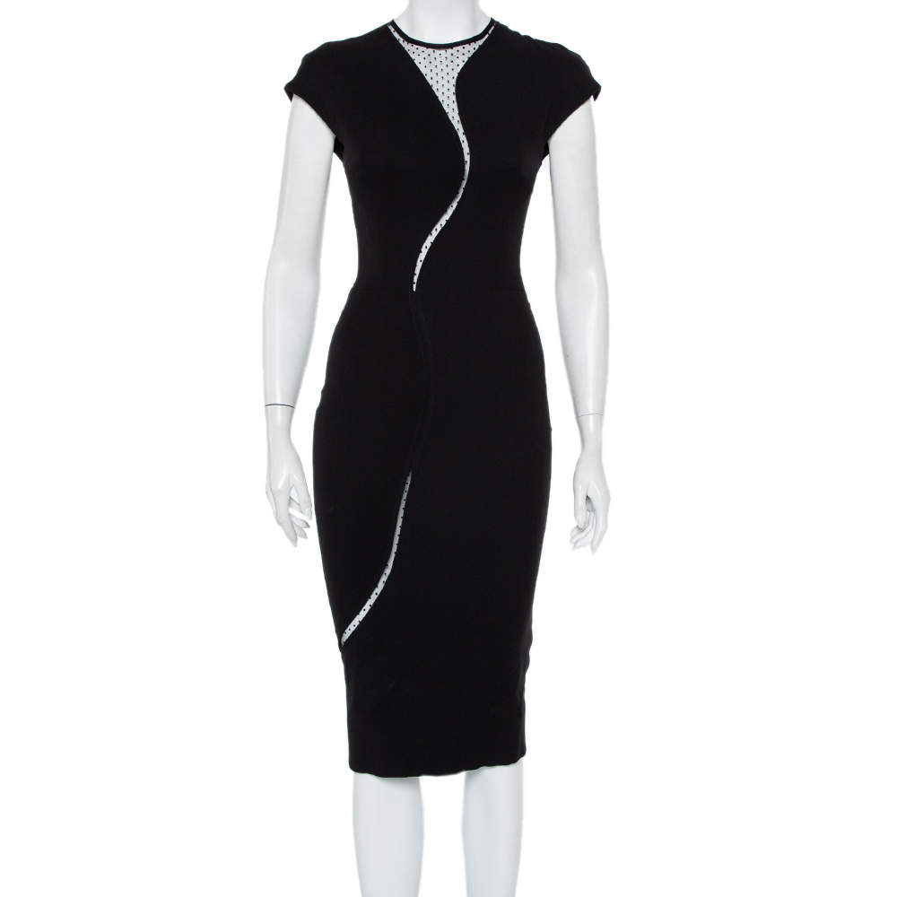Pre Owned Victoria Beckham Black Crepe and Mesh Insert Bodycon Dress S