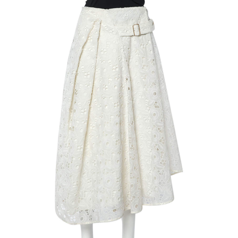 Victoria Beckham Off-White Floral Lace Pleated Asymmetric Hem Midi Skirt S