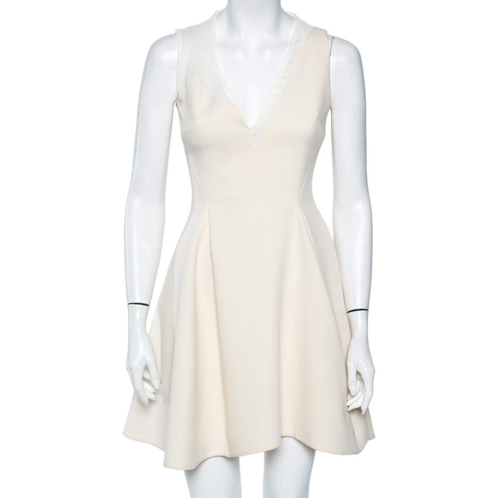 Pre Owned Victoria Beckham Cream Wool Crepe & Mesh Sleeveless Mini Dress S