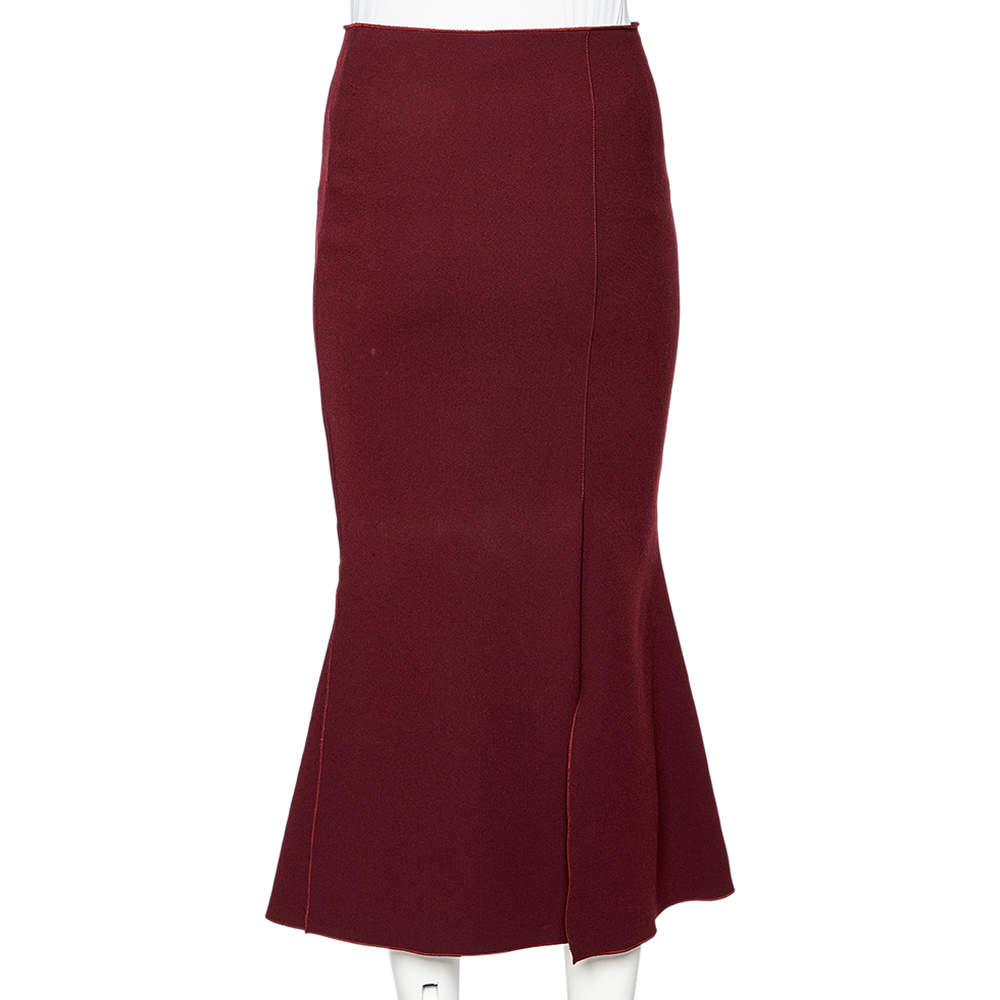 Pre Owned Victoria Beckham Burgundy Crepe Pleated Detail Midi Skirt M