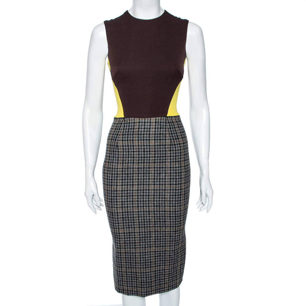 Pre Owned Victoria Beckham Colorblock Plaid Wool & Silk Sleeveless Dress S