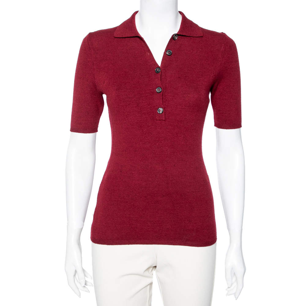 Pre Owned Victoria Beckham Burgundy Wool Blend Knit Polo T-Shirt M