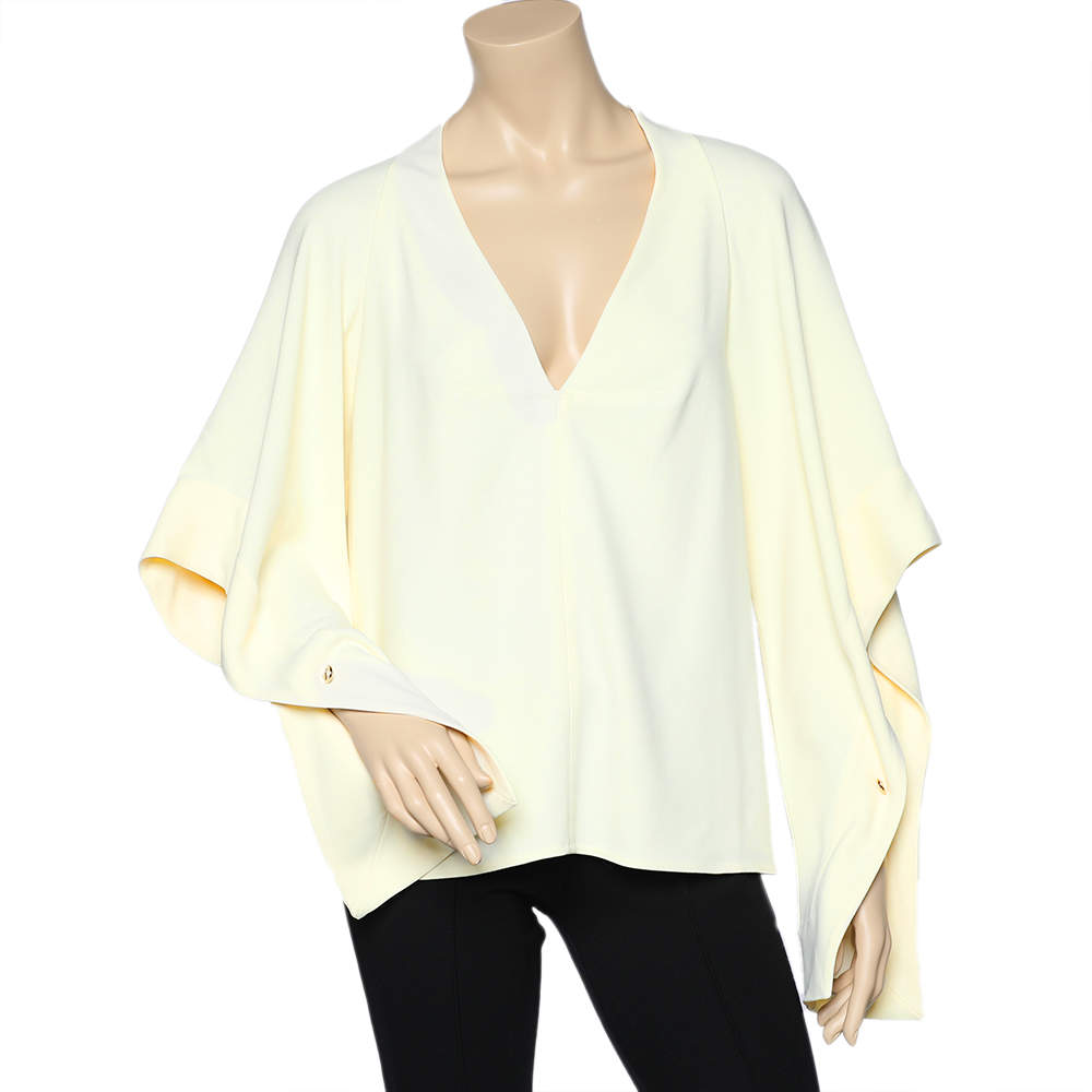 Pre Owned Victoria Beckham Cream Crepe Plunging Neck Top L