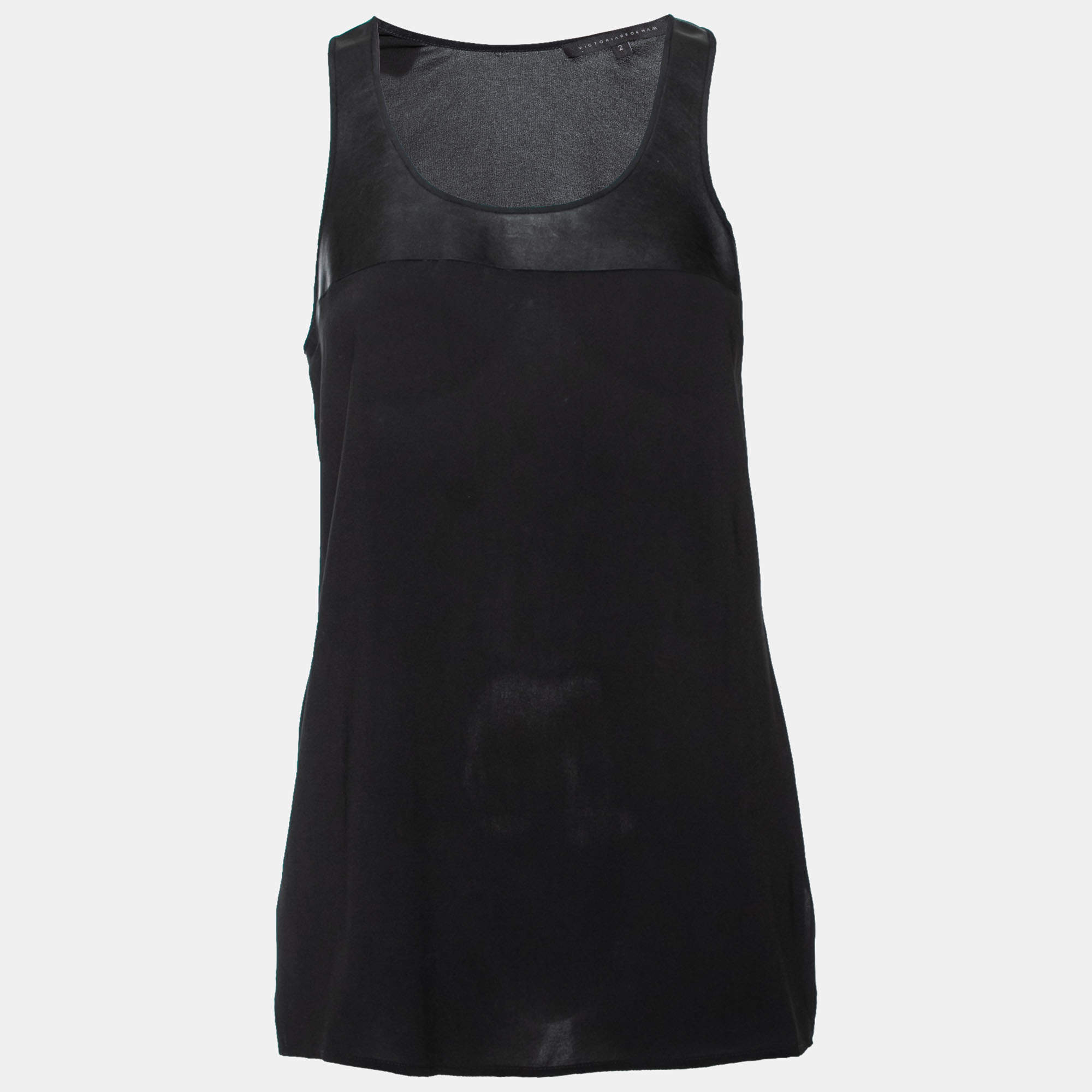 Pre Owned Victoria Beckham Black Crepe & Faux Leather Trimmed Top M