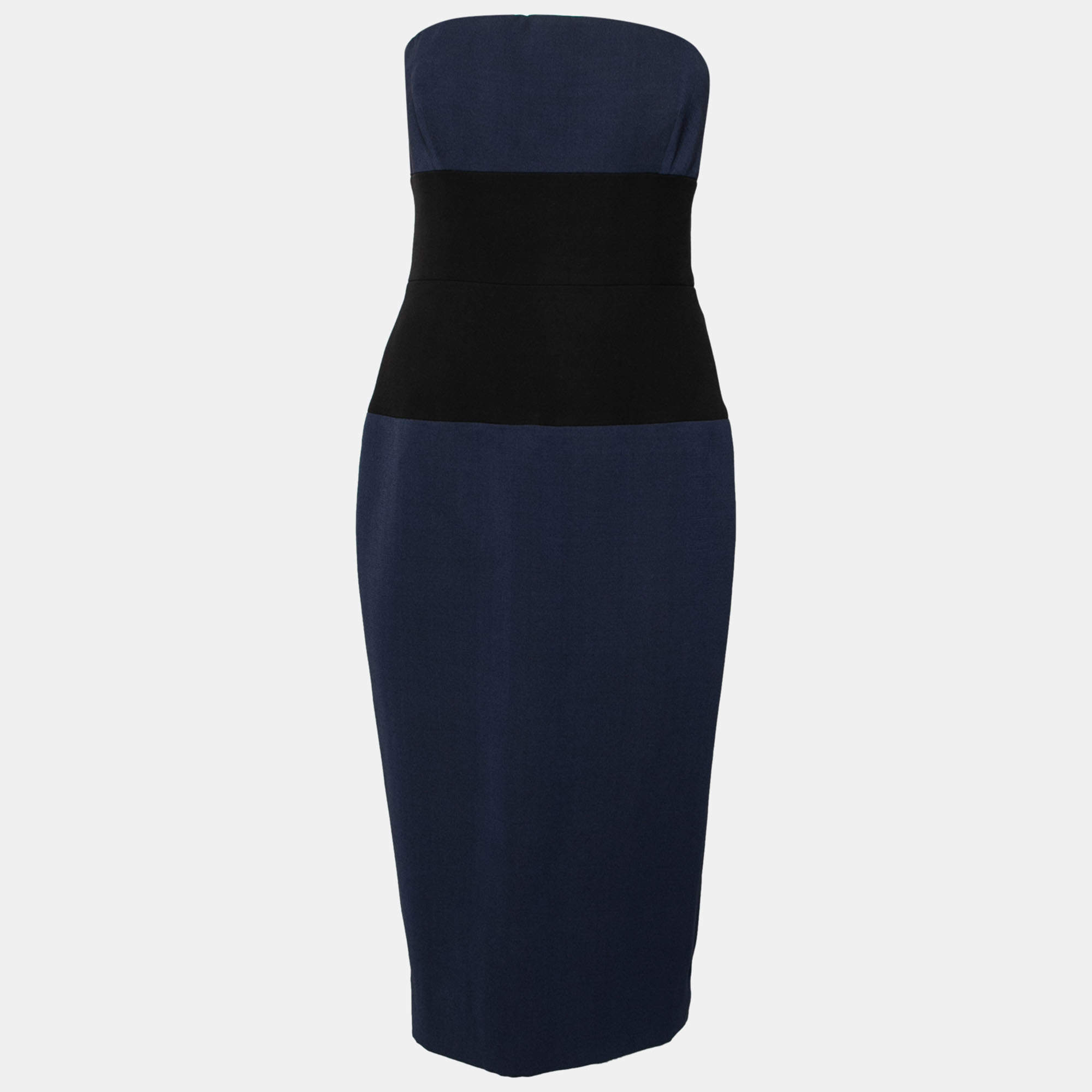 Pre Owned Victoria Beckham Navy Blue & Black Paneled Silk & Wool Strapless Dress L