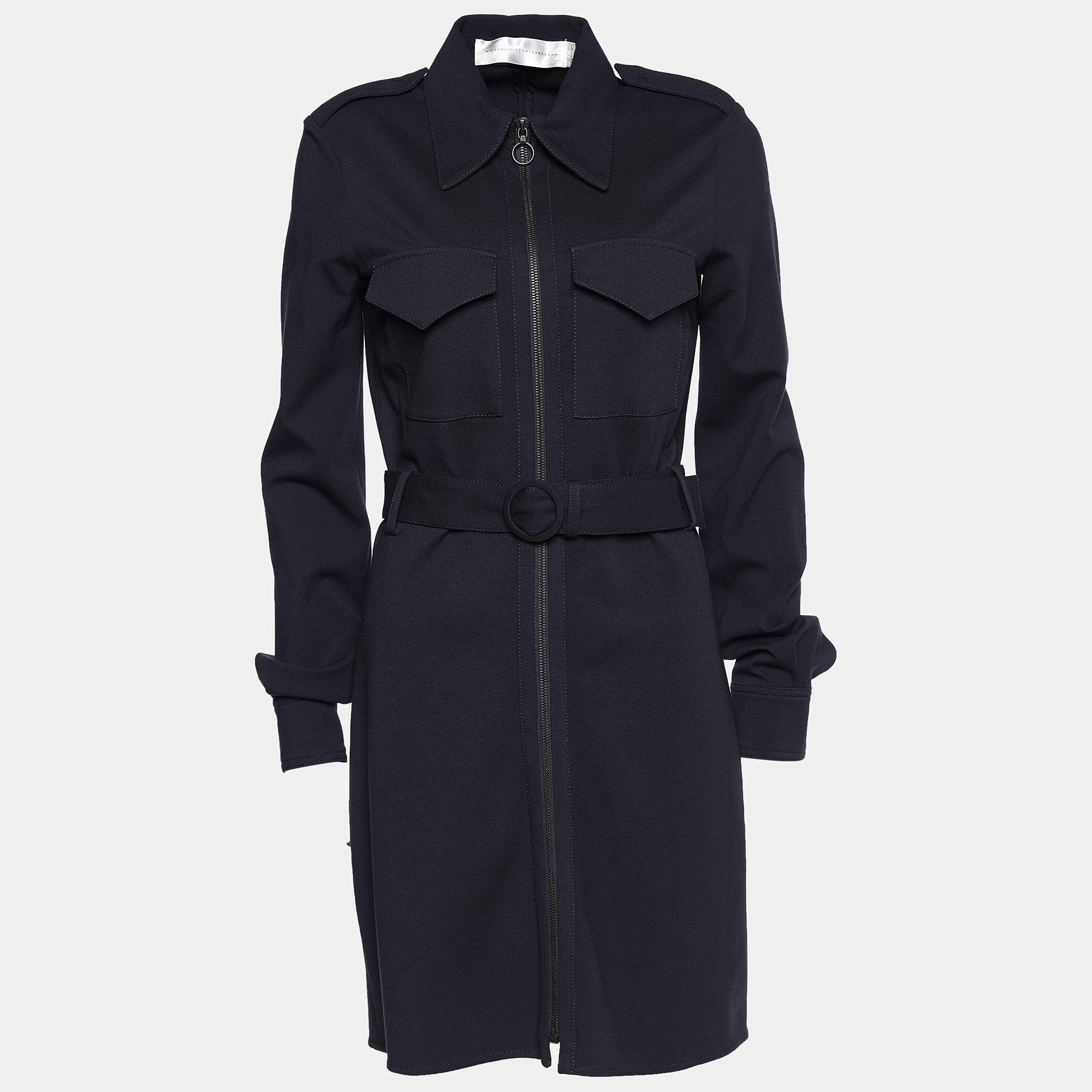 Pre Owned Victoria Victoria Beckham Navy Blue Cady Belted Zip Front Coat S