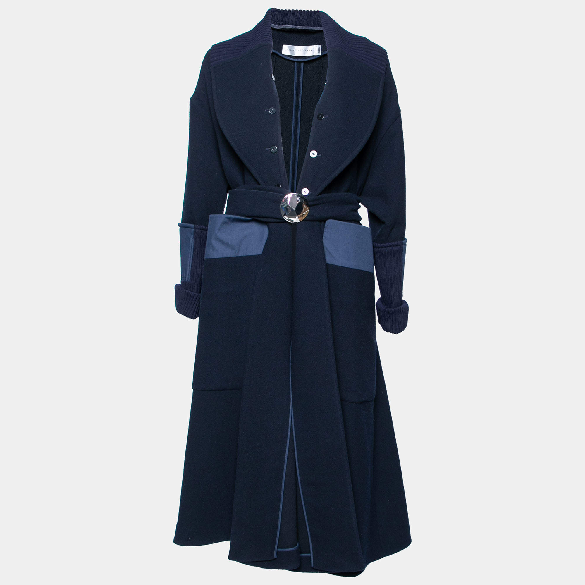 Pre Owned Victoria Beckham Navy Blue Wool Ribbed Trims Belted Coat S