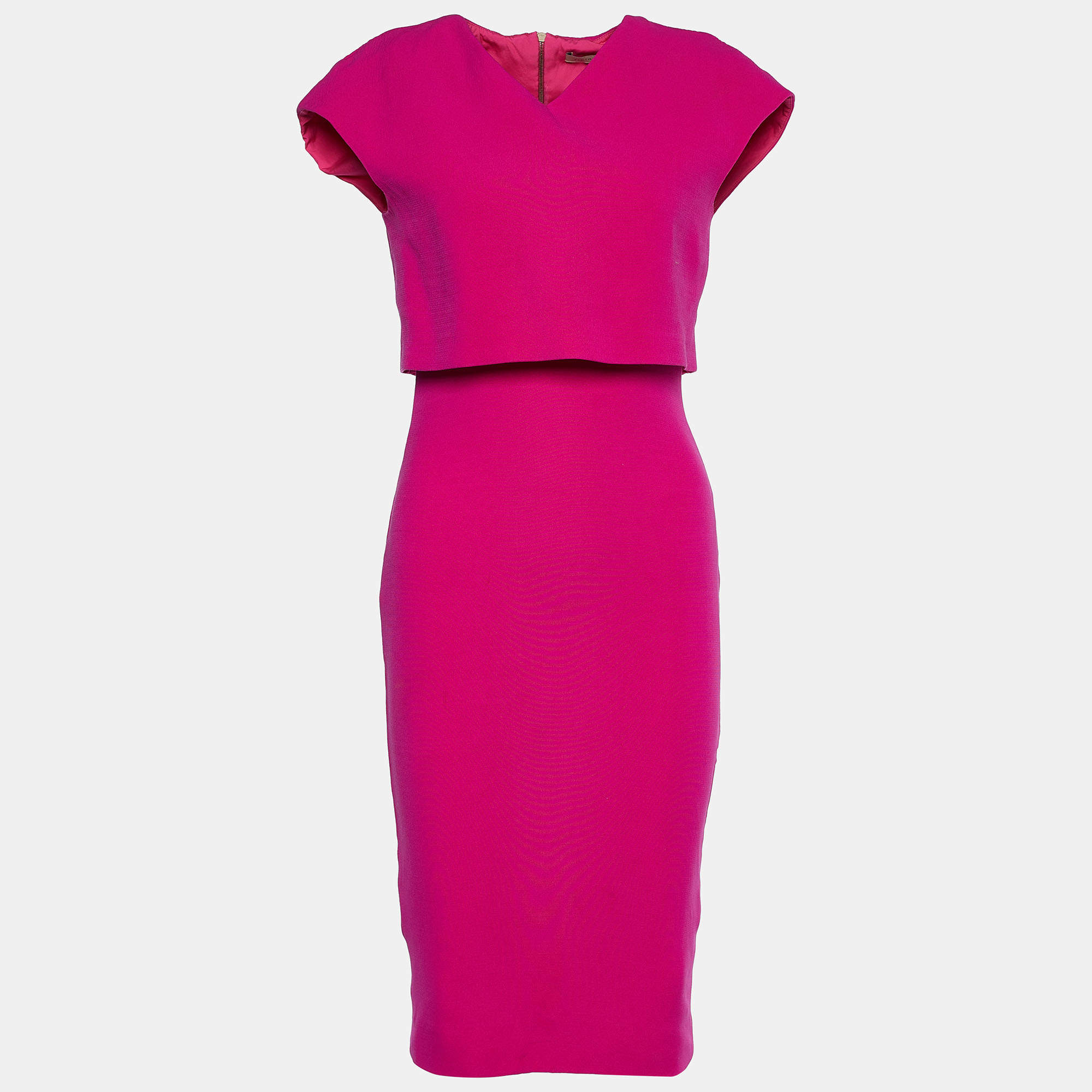 Pre Owned Victoria Beckham Pink Crepe Silk Wool Faux Overlay Sheath Dress S