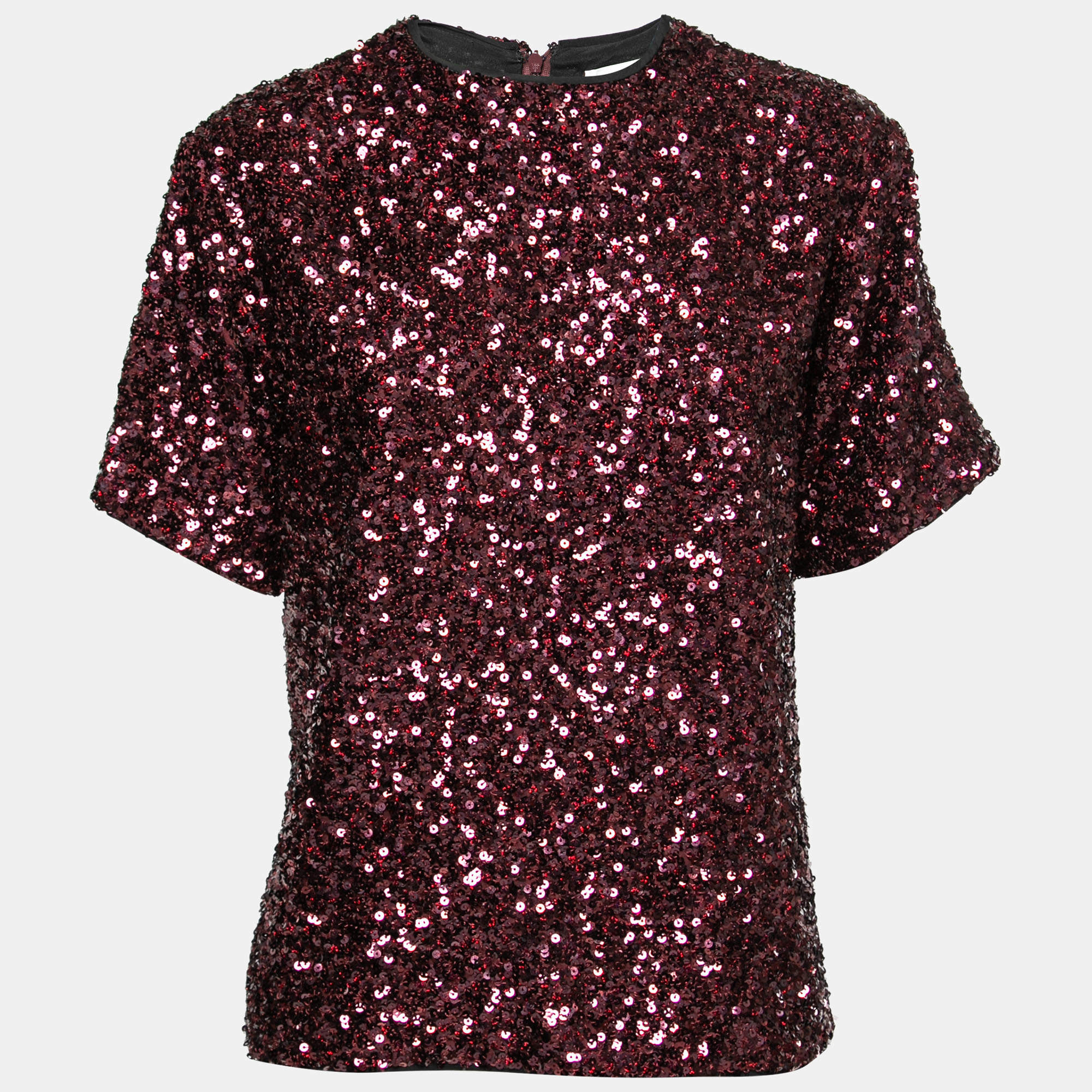 Victoria Beckham Burgundy Sequin Crew Neck Top S