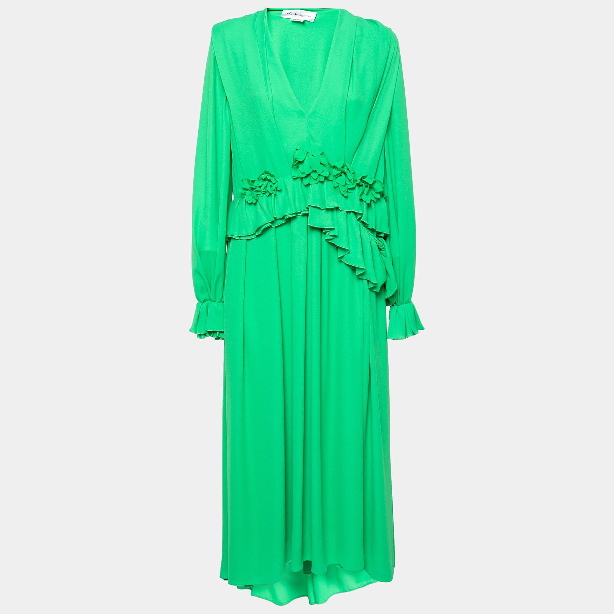 Pre Owned Victoria Beckham Green Floral-Applique Georgette Pleated Maxi Dress S