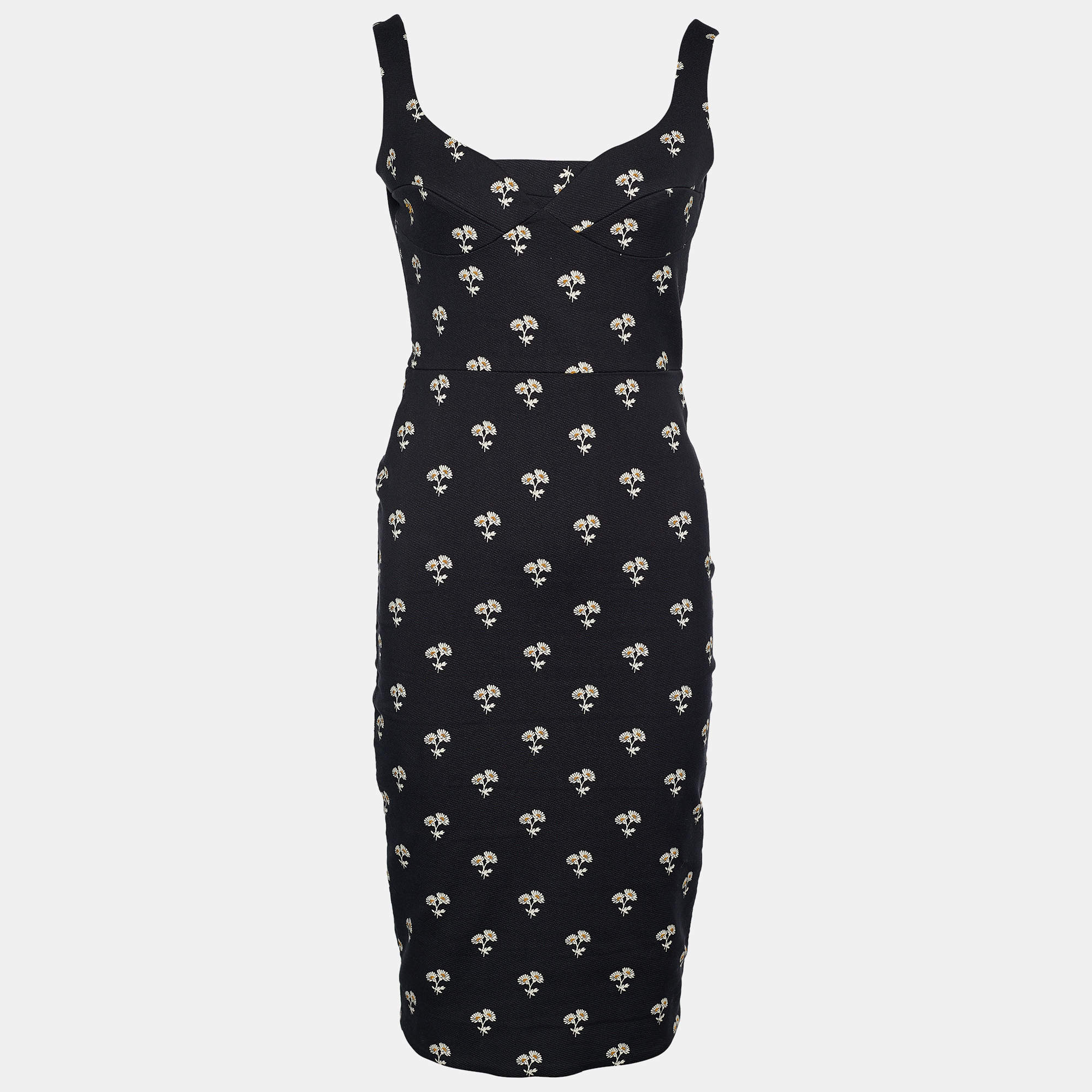 Victoria Beckham Black Daisy Jacquard Pattern Sleeveless Sheath Dress M