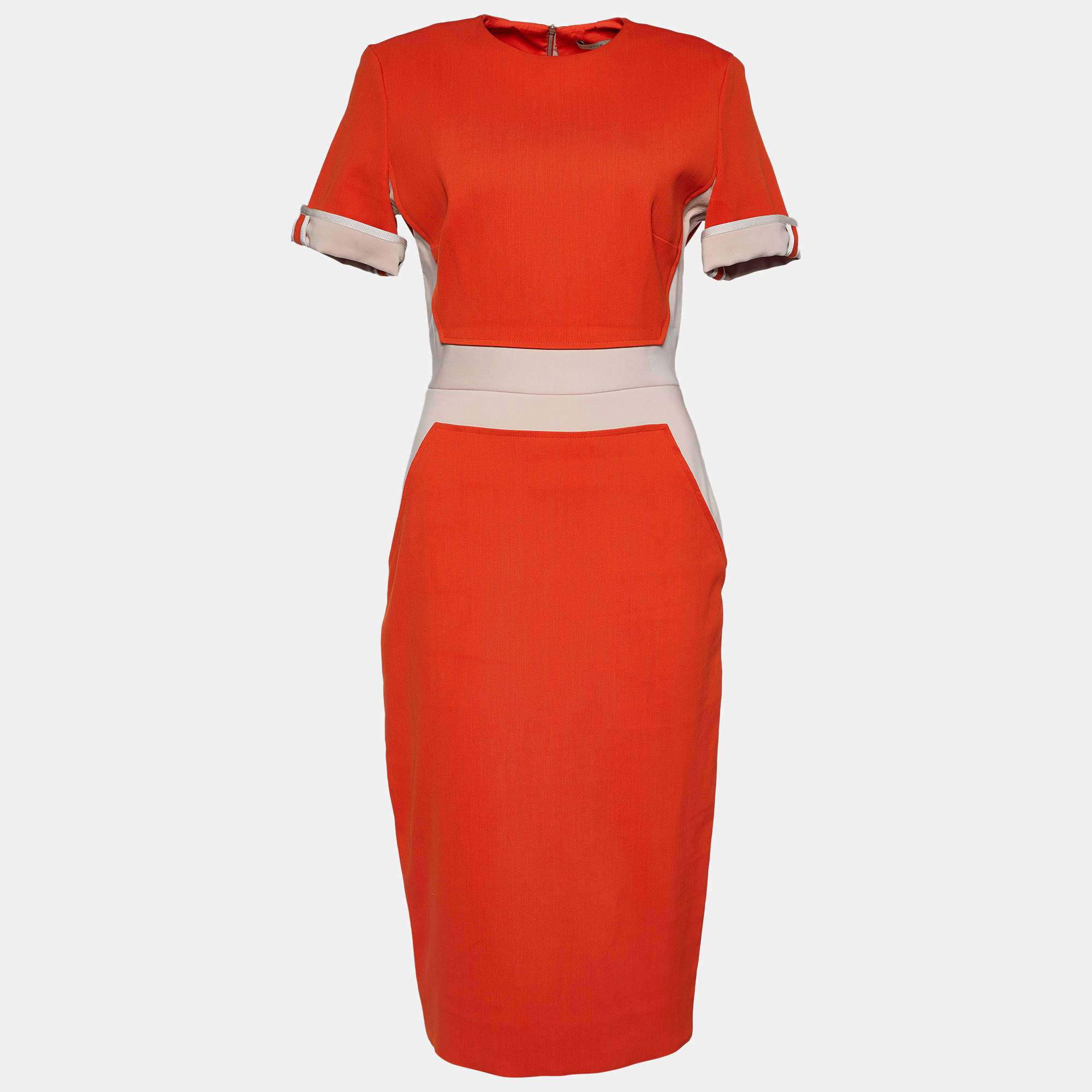 Pre Owned Victoria Beckham Orange Color Block Crepe Midi Dress L