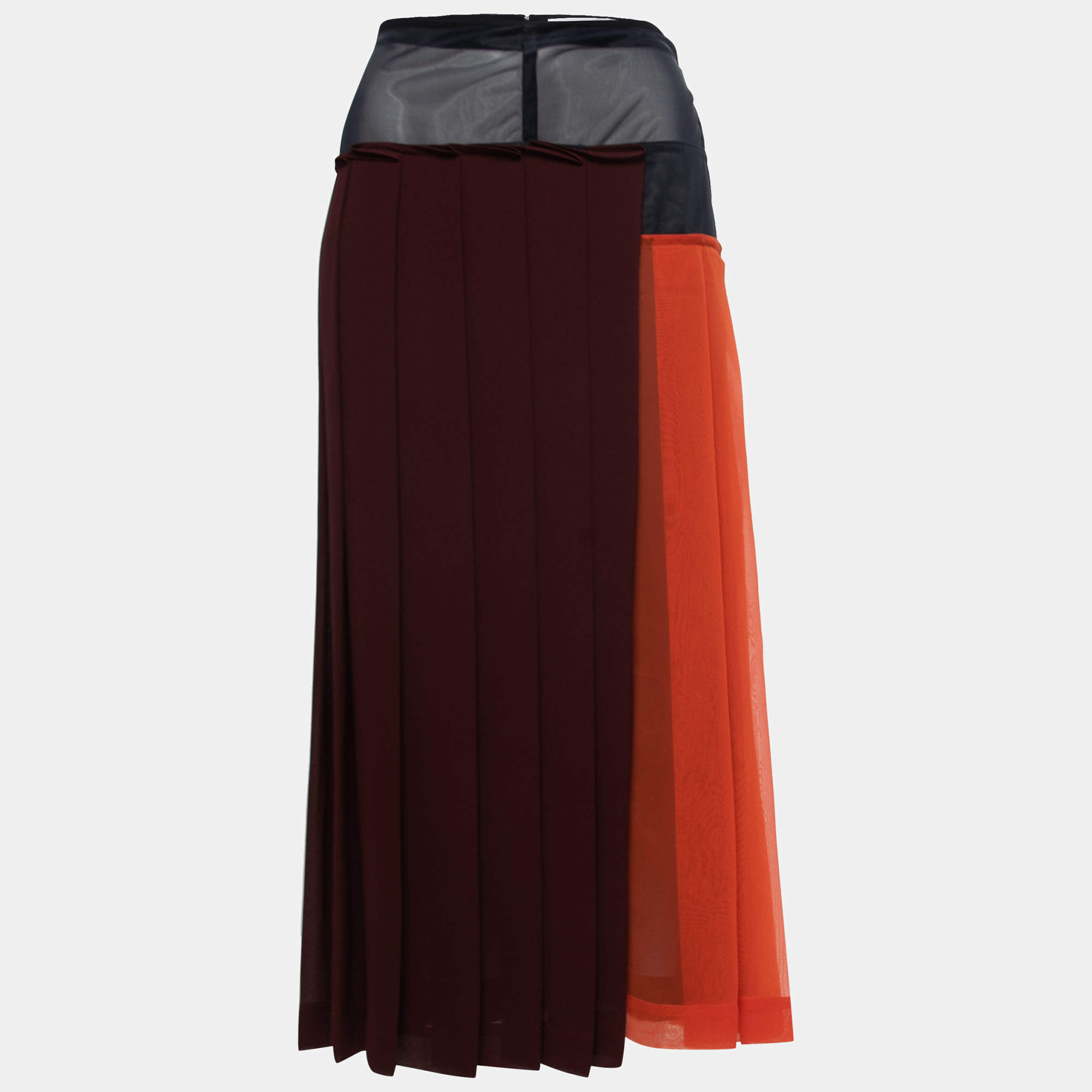 Pre Owned Victoria Beckham Burgundy Colorblock Paneled Chiffon Pleated Midi Skirt M