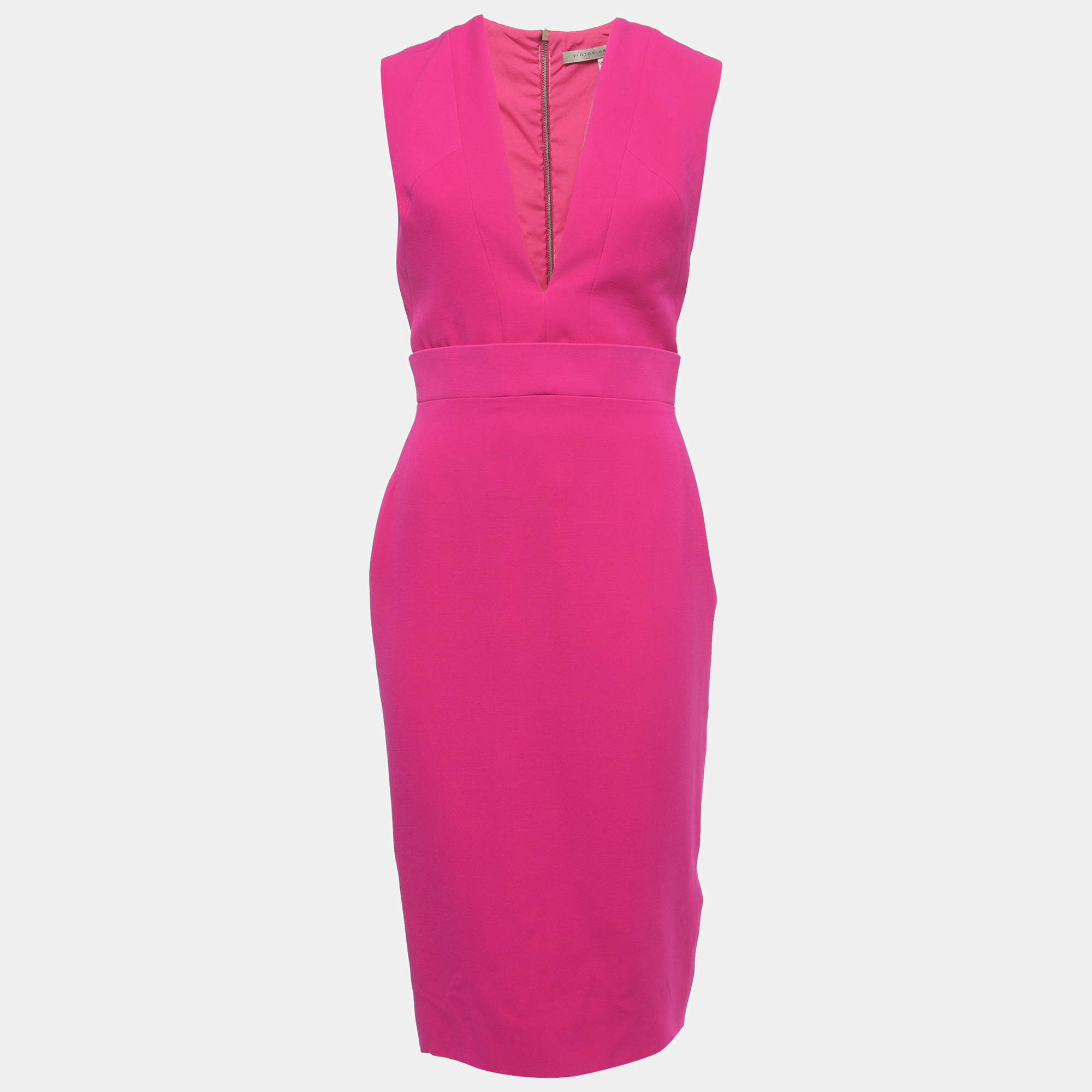 Pre Owned Victoria Beckham Pink Silk & Wool Deep Neck Sleeveless Midi Dress M