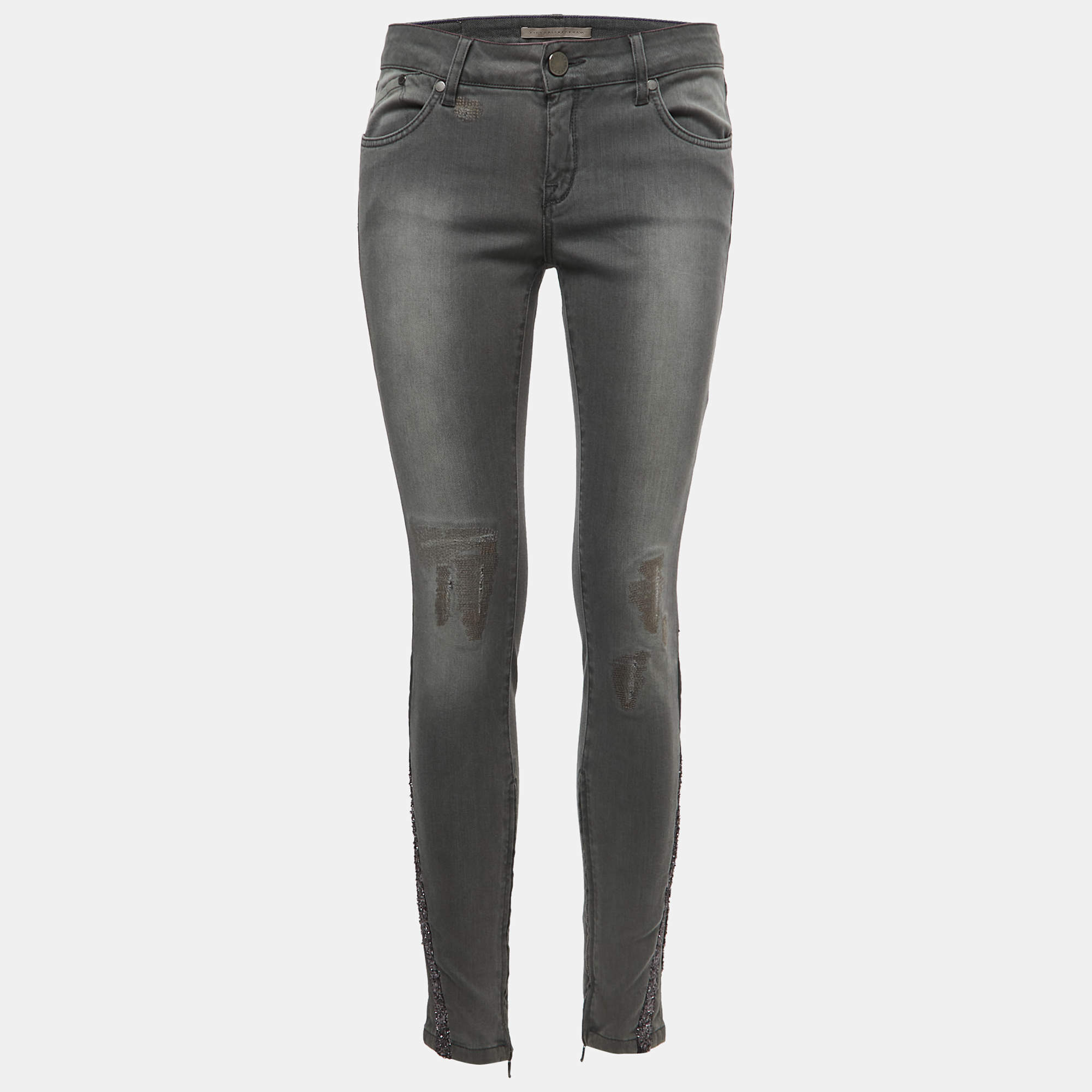 Pre Owned Victoria Beckham Grey Denim Glitter Detail Skinny Jeans M Waist 28"