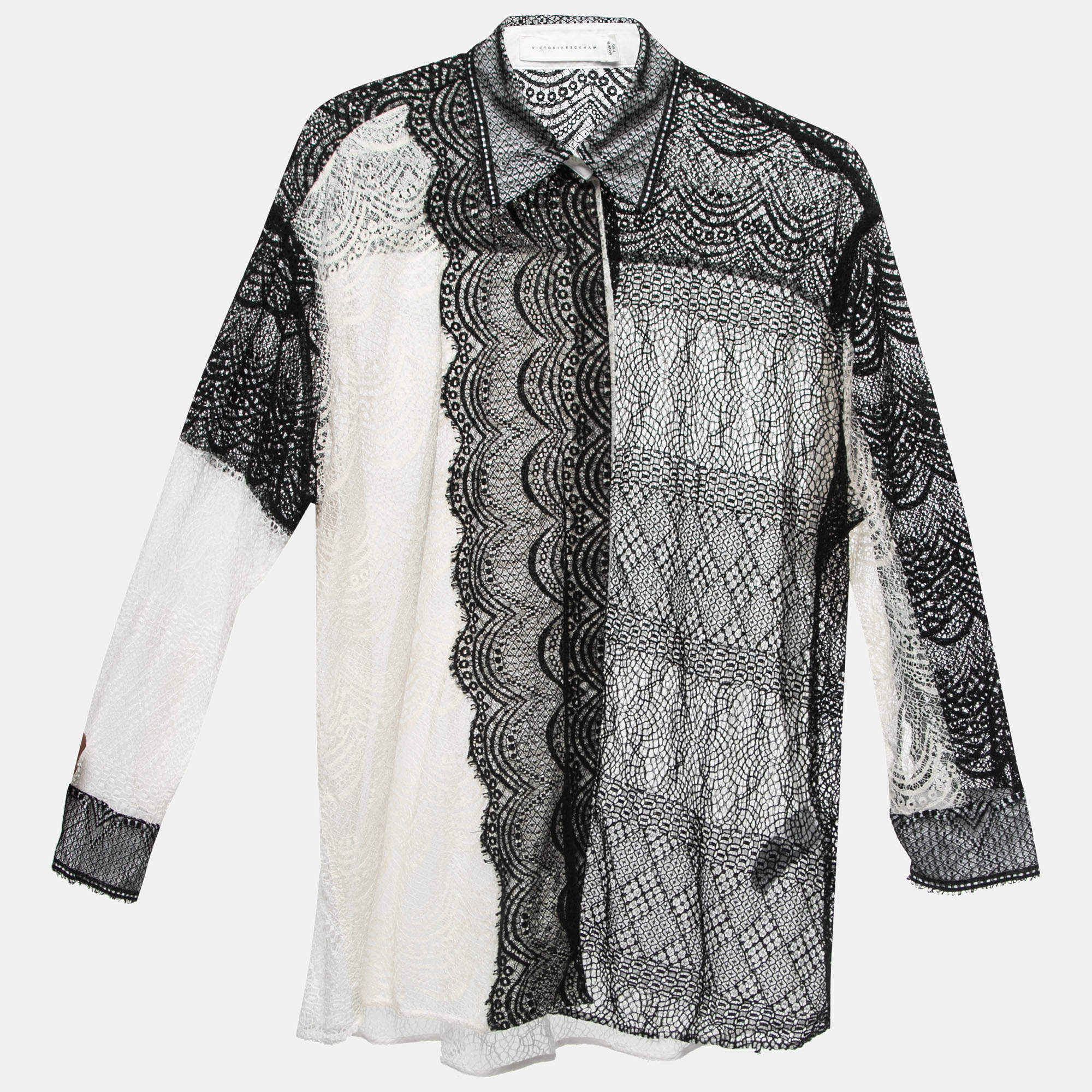 Pre Owned Victoria Beckham Black/White Patterned Lace Button Front Full Sleeve Shirt S