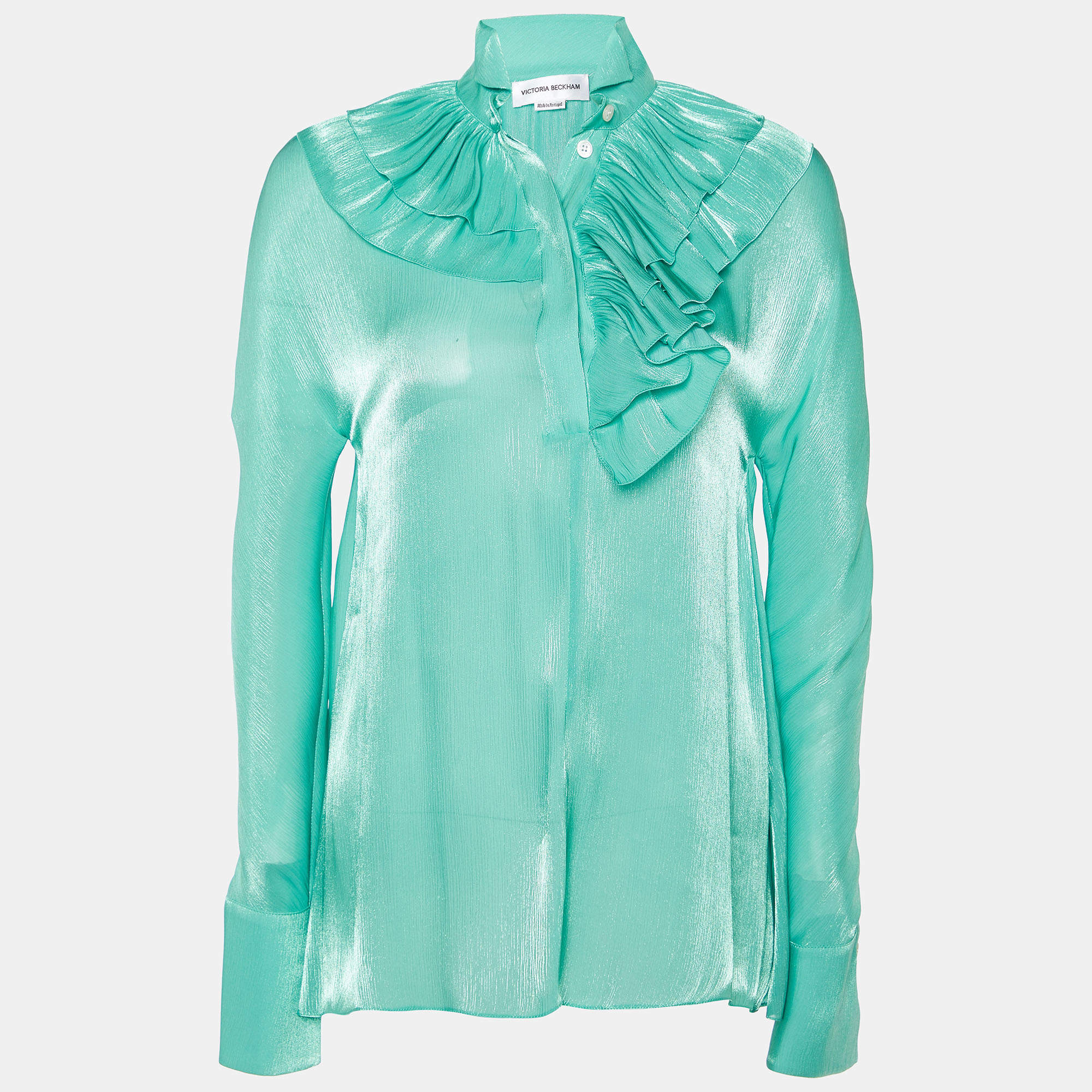 Pre Owned Victoria Beckham Green Silk Lame Ruffled Top S