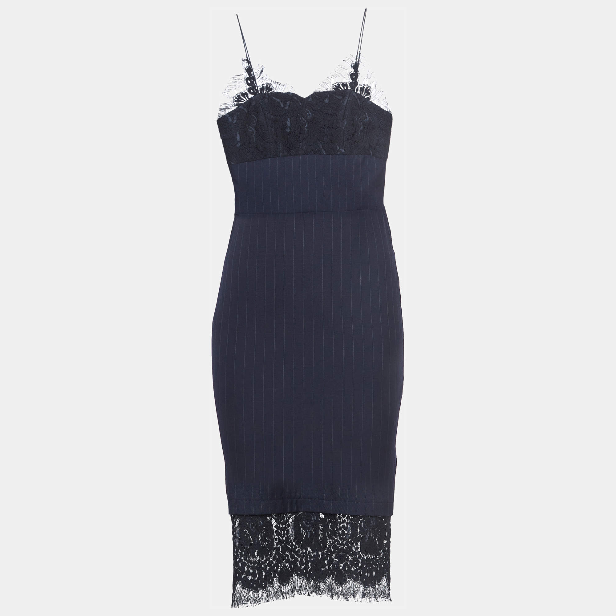 Victoria Beckham Navy Blue Pinstriped Wool Lace-Trimmed Midi Dress S ...