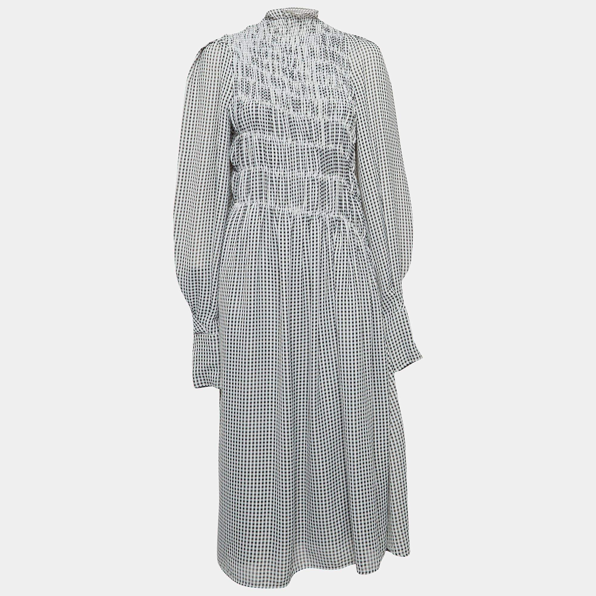 Victoria Beckham Black/White Gingham Crepe Shirred Seersucker Midi Dress s