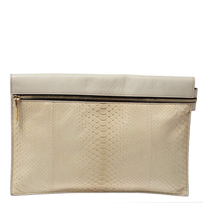 Pre Owned Victoria Beckham Ivory Leather and Python Zipper Clutch