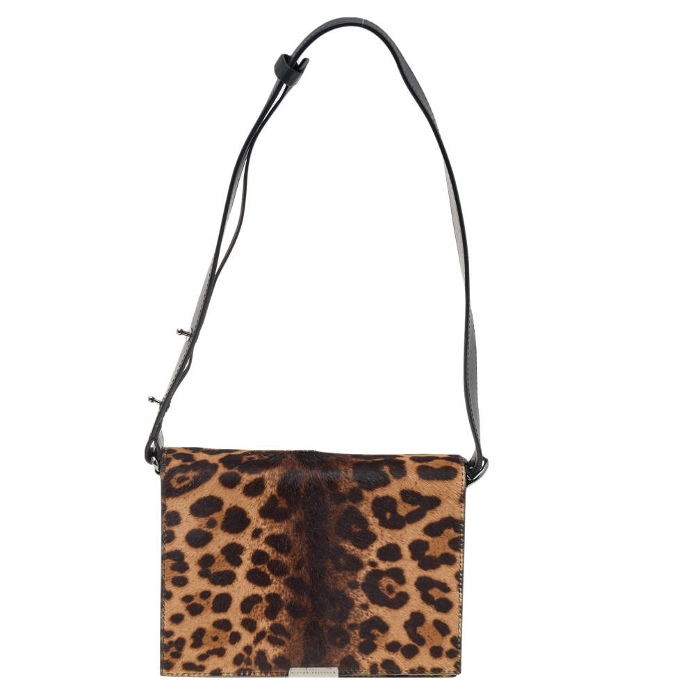 Pre Owned Victoria Beckham Brown/Black Leopard Print Calf Hair and Leather Mini Shoulder Bag