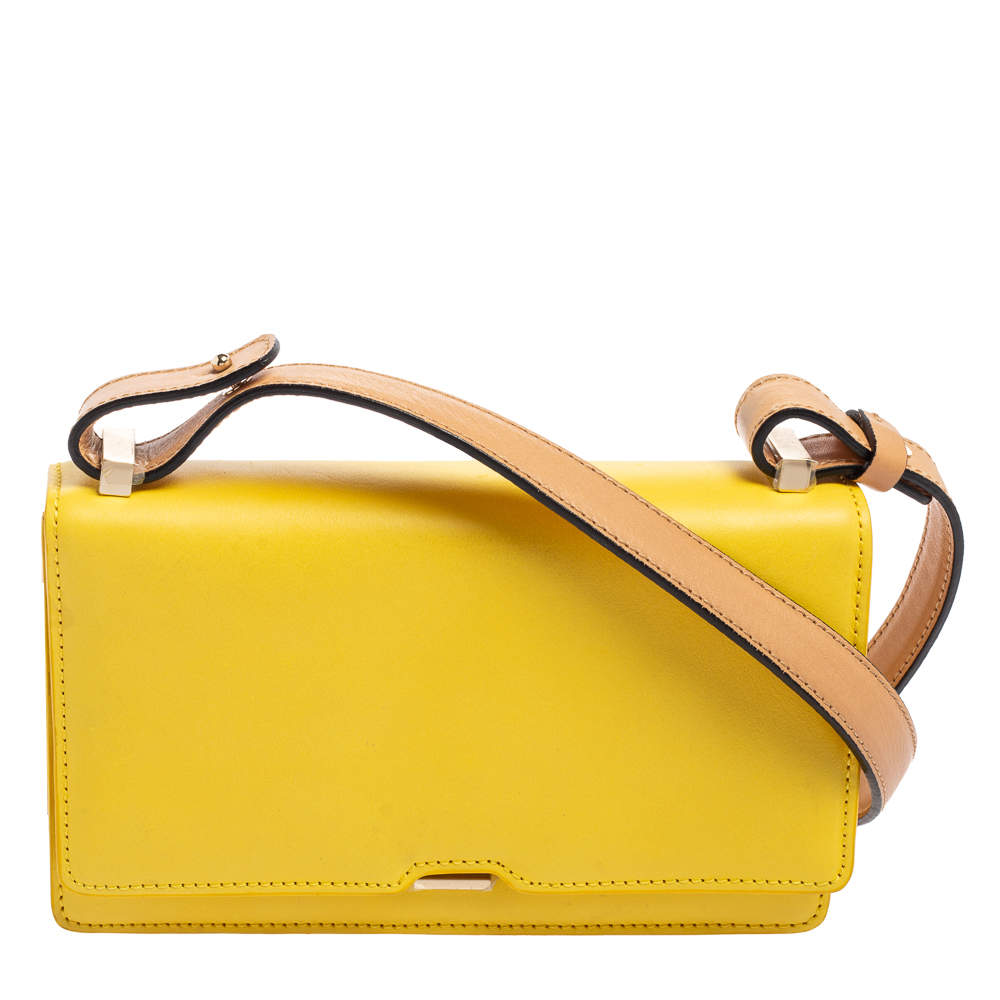 Pre Owned Victoria Beckham Yellow/Beige Leather Flap Shoulder Bag