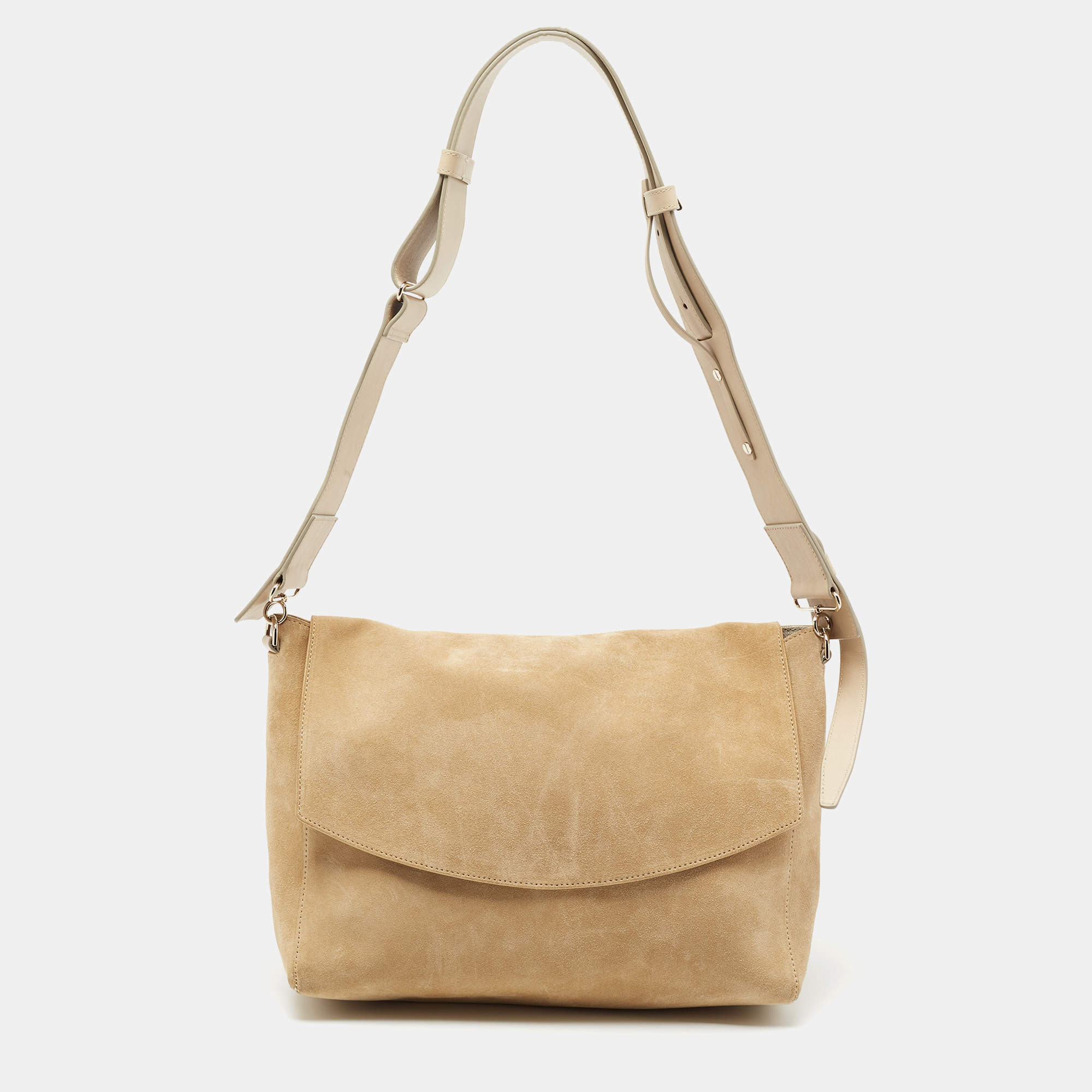 Pre Owned Victoria Beckham Beige Suede Flap Shoulder Bag