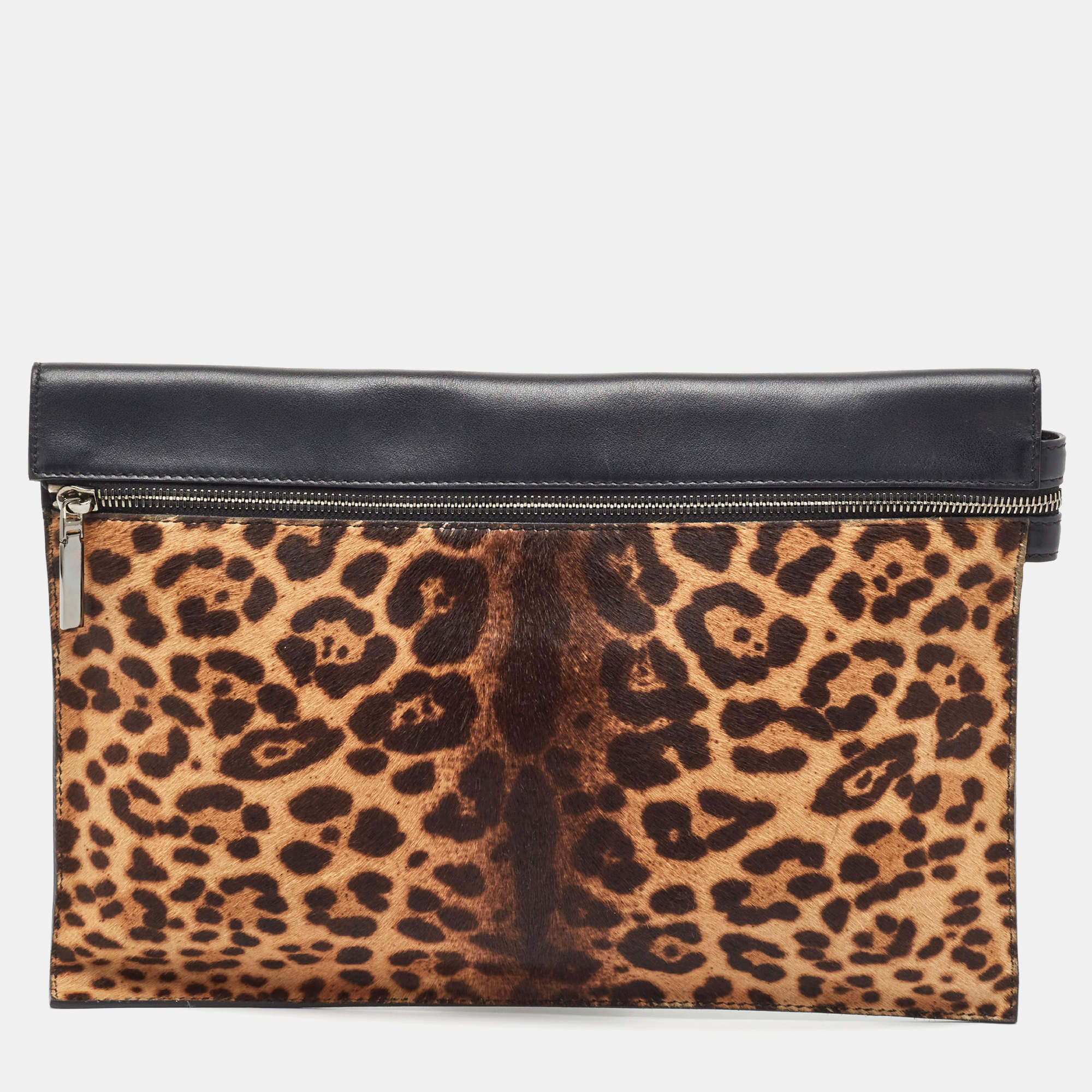Pre Owned Victoria Beckham Brown/Black Leopard Print Calf Hair and Leather Zip Pouch