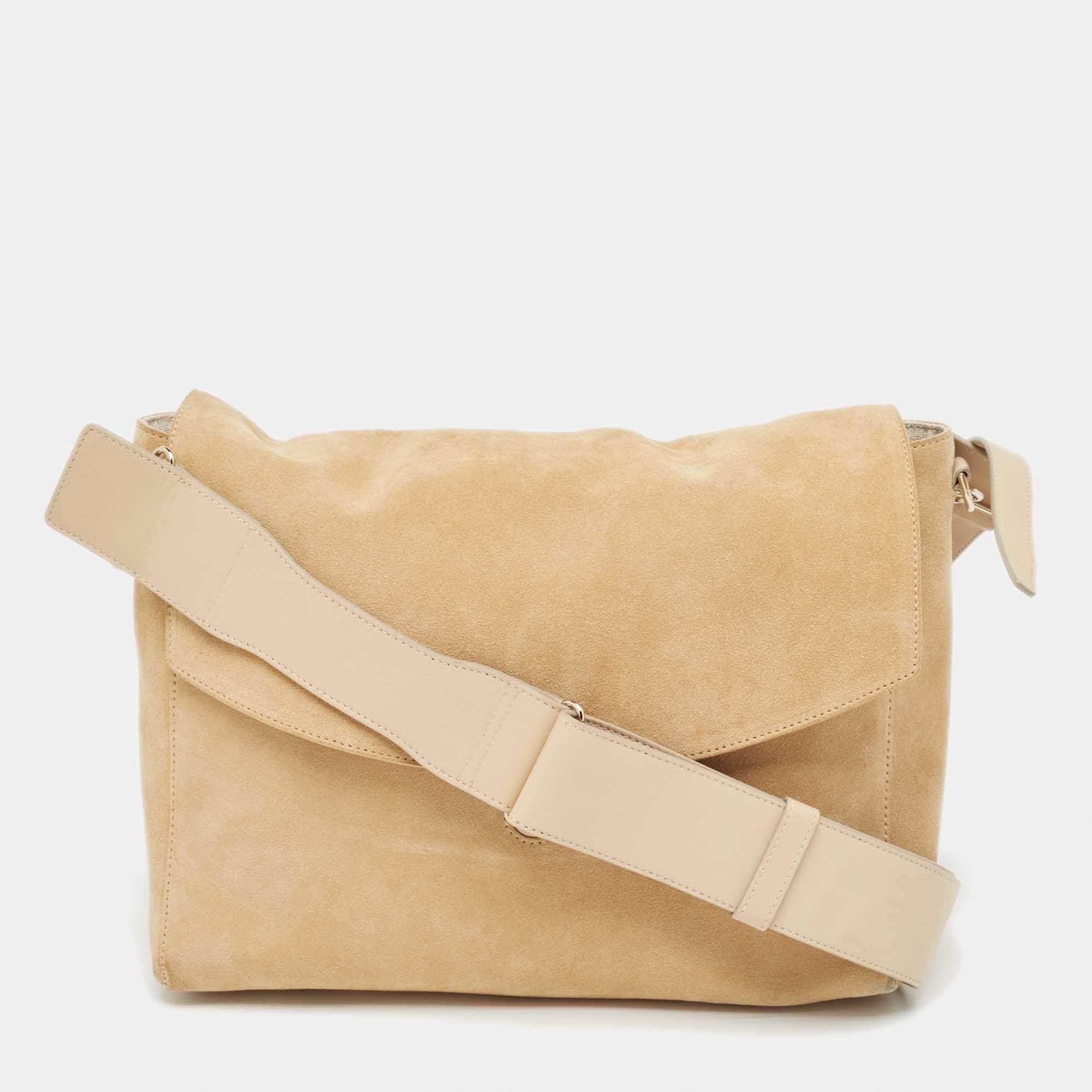 Pre Owned Victoria Beckham Beige Suede Flap Shoulder Bag