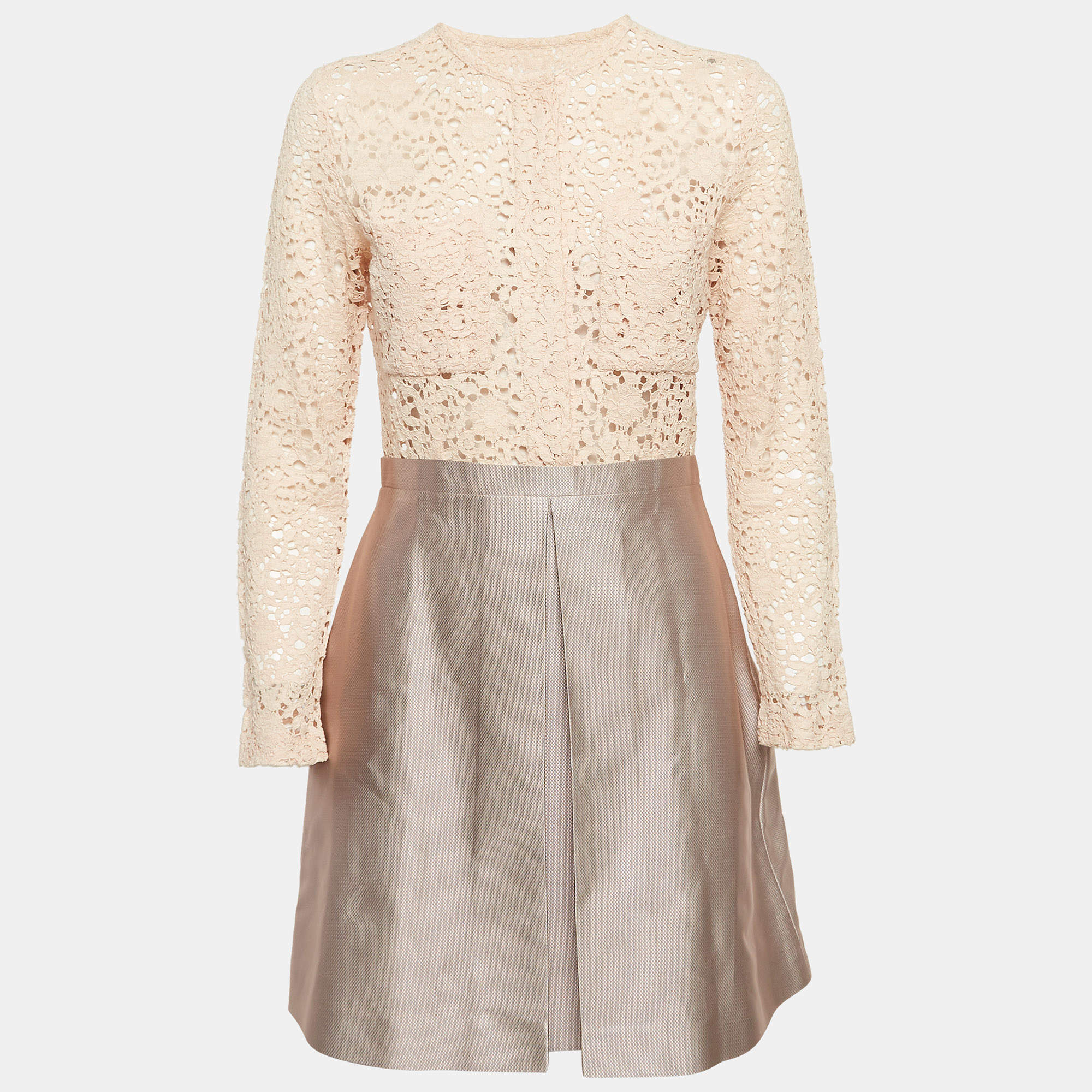 Pre Owned Victoria Victoria Beckham Beige Lace and Textured Crepe Short Dress M