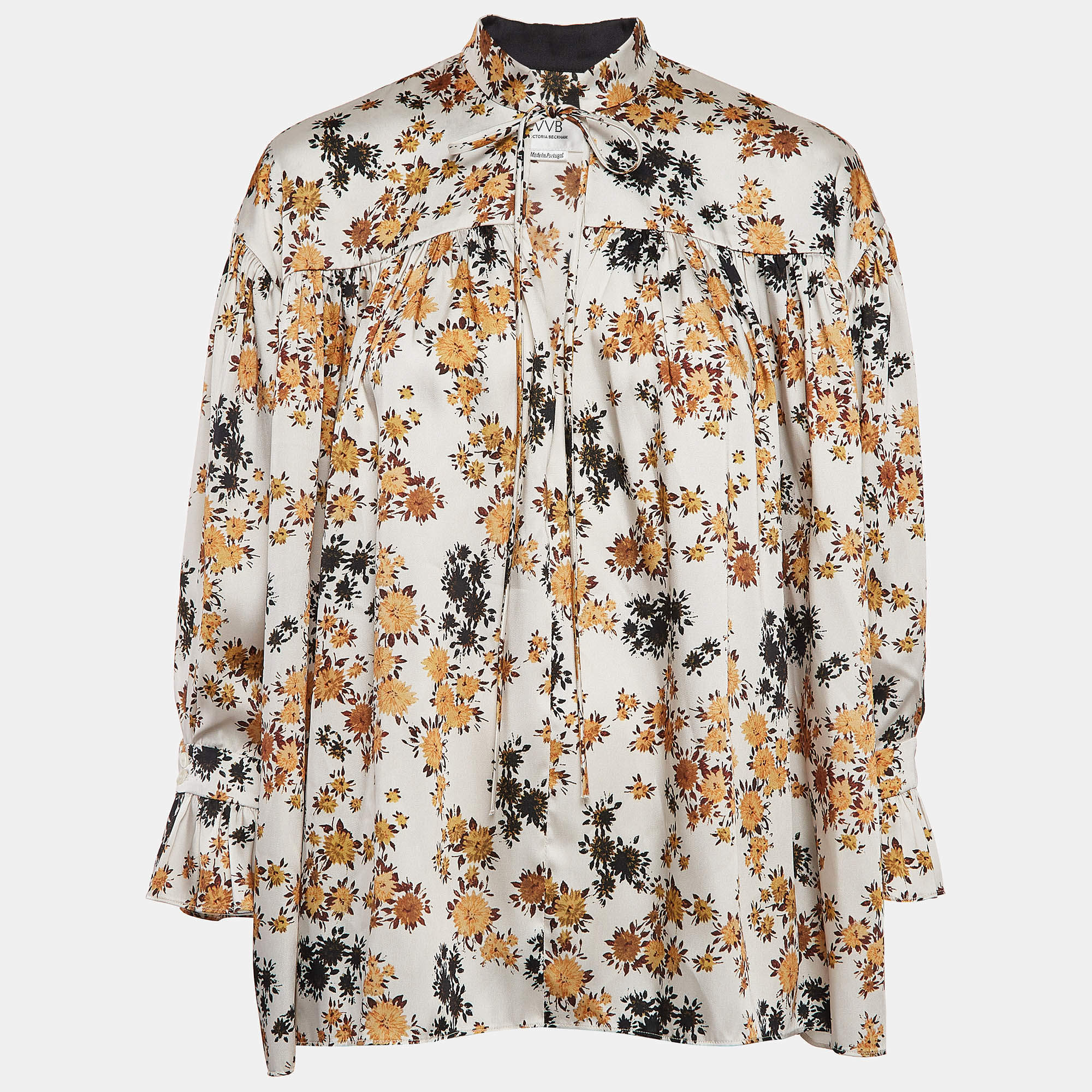 Victoria Victoria Beckham Off-White Floral Print Satin Ruffled Top S