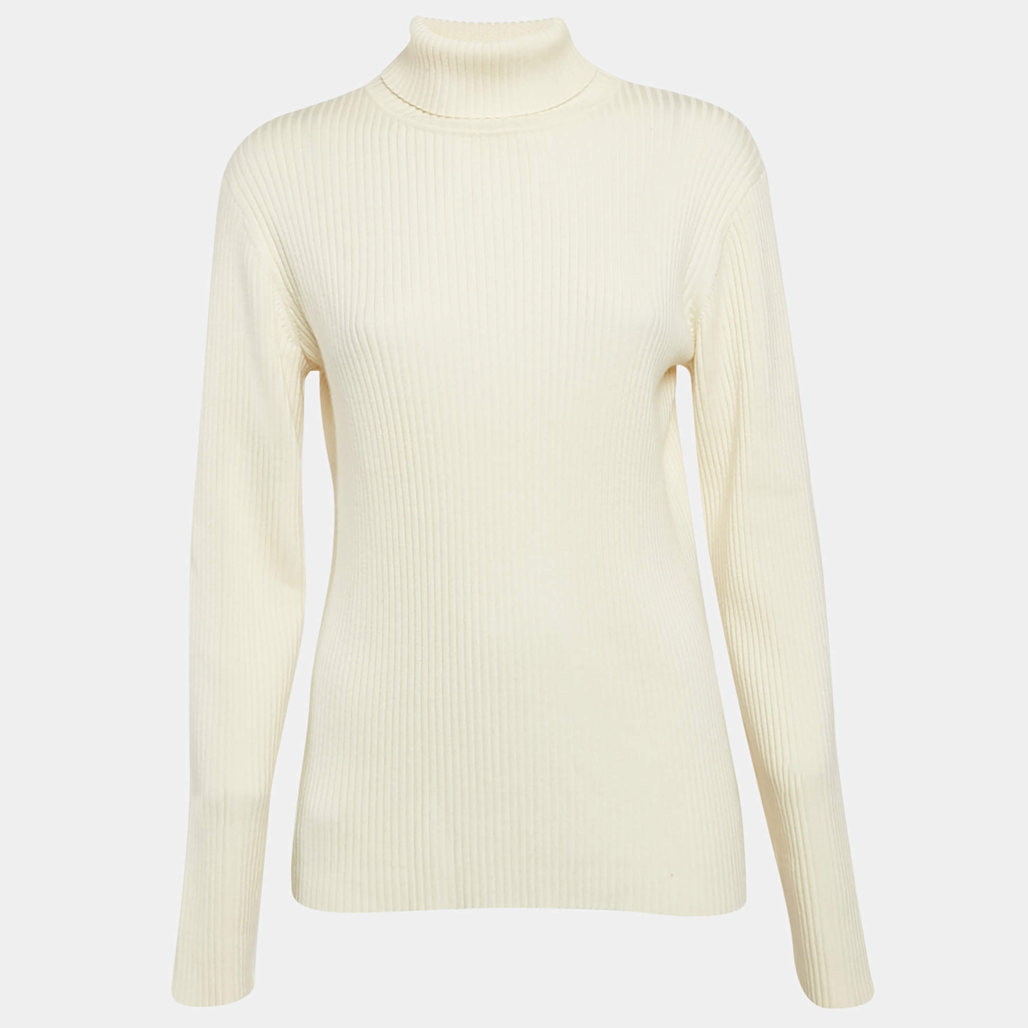 Pre Owned Victoria Victoria Beckham Cream Rib Knit Buttons Detail Turtleneck Sweater S