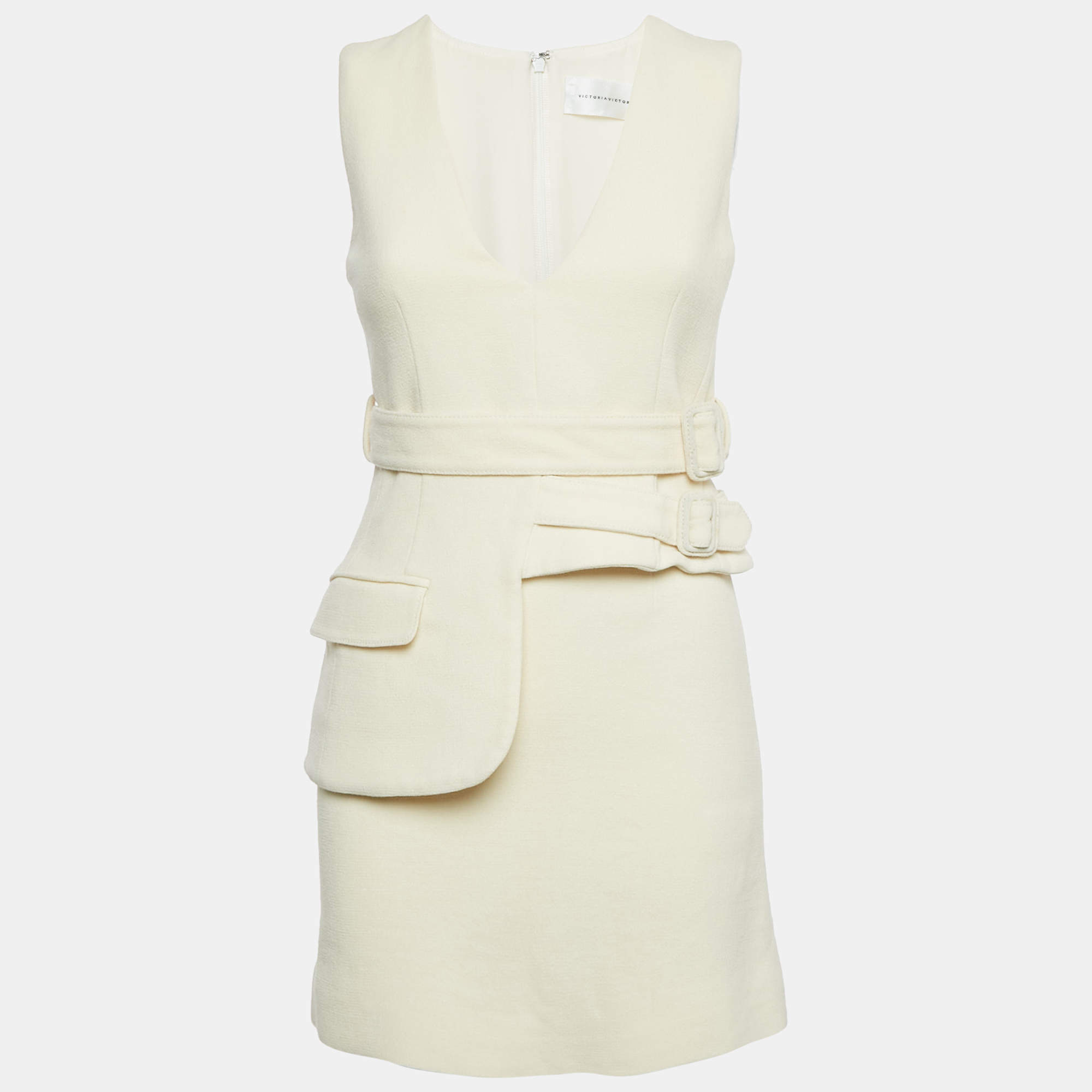 Pre Owned Victoria Victoria Beckham Cream Wool Sleeveless Belted Mini Dress S