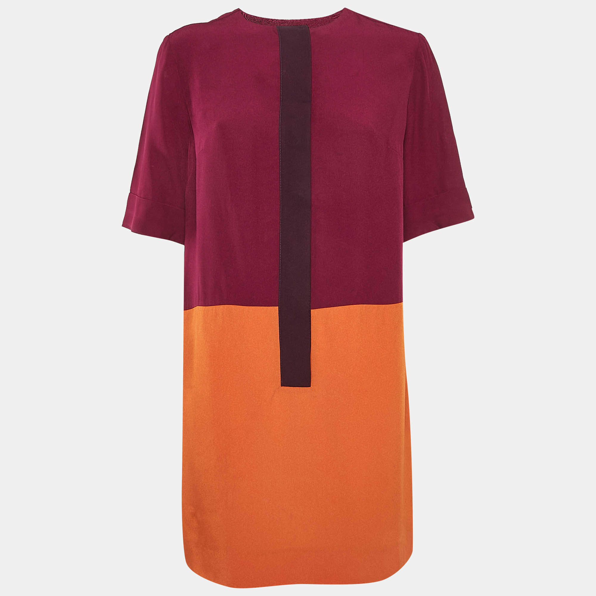 Victoria Victoria Beckham Burgundy/Orange Colorblocked Crepe Short Dress L