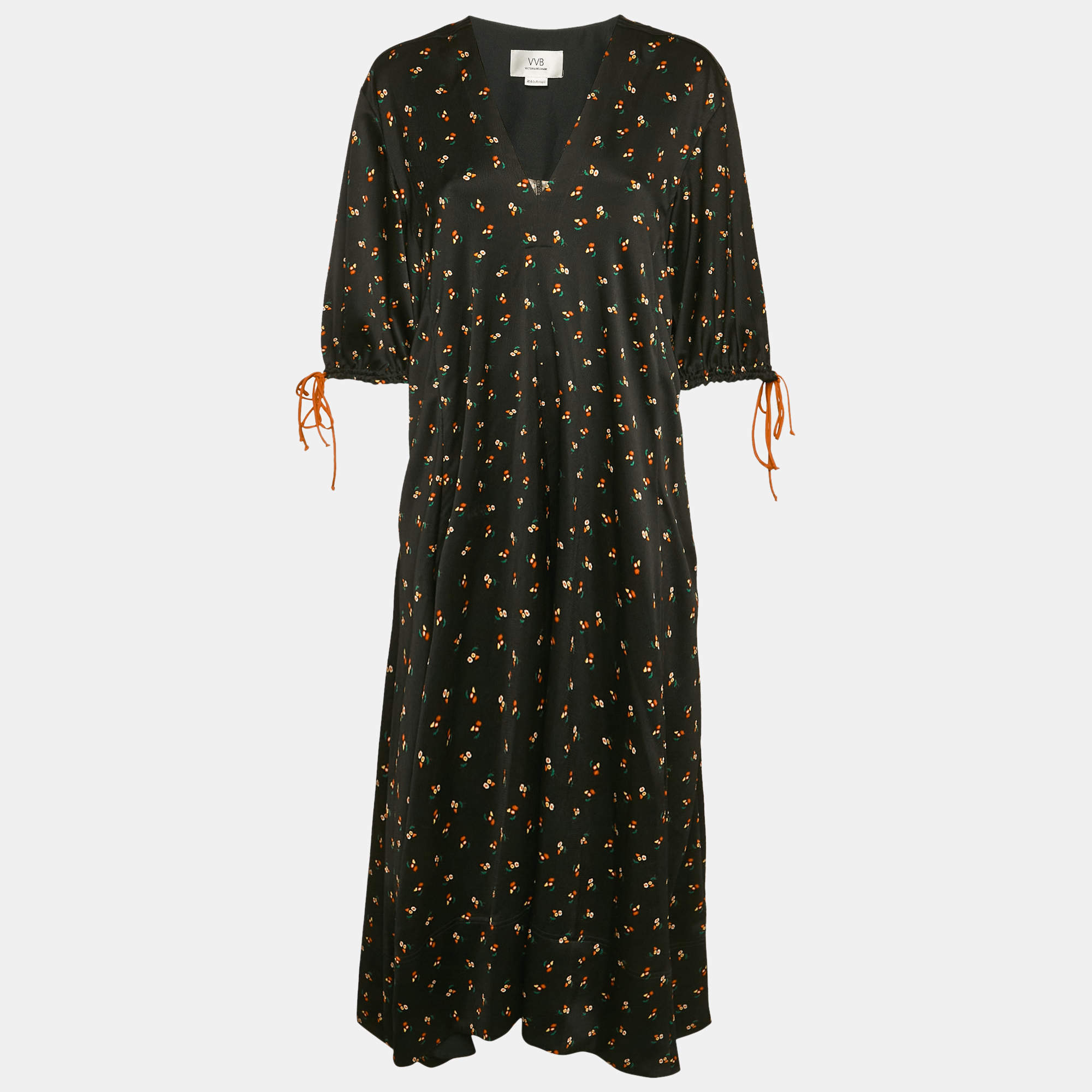 Pre Owned Victoria Victoria Beckham Black Floral Print Textured Crepe Midi Dress L