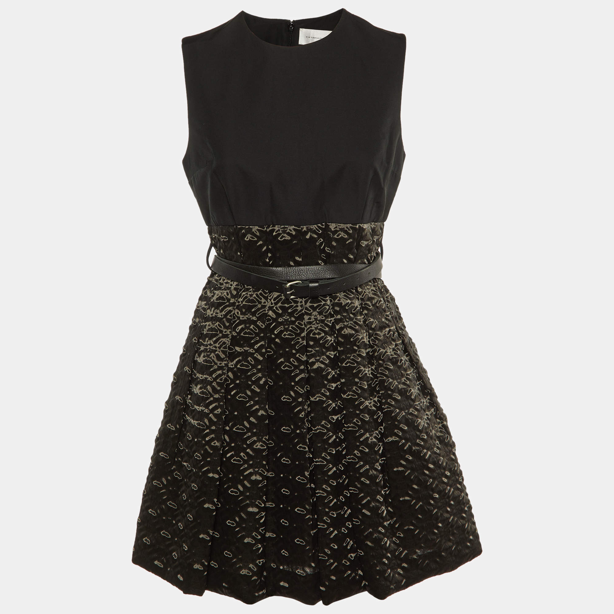 Pre Owned Victoria Victoria Beckham Black Textured Organza Belted Dress M